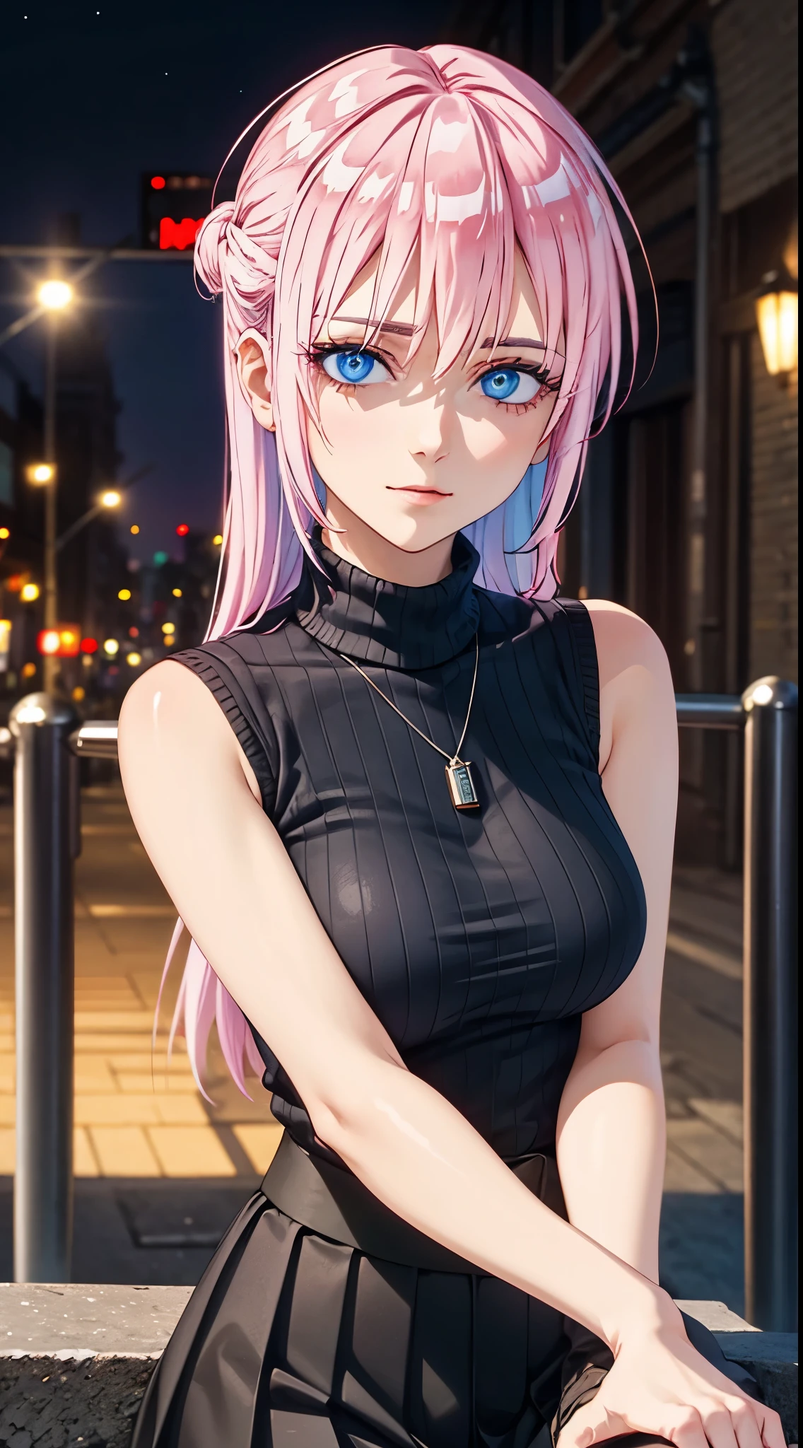 1girl, Shikimori, sweater, turtleneck sweater, sleeveless, necklace, skirt, pleated skirt, black skirt, black belt, long hair, pink hair, looking at viewer, highly detailed background, (photo realistic:1.2), detailed eyes, red eyeshadow, depth of field, symmetry eyes, (ulzzang-6500:0.7), upper body, (solo:1.2), (cyberpunk city:1.1), ((hands on left cheek)), ((young female)), perfect face, beautiful face, colorful, beautiful blue eyes, sexy shy expressions, sitting, good hand,4k, high-res, masterpiece, best quality, head:1.3,((Hasselblad photography)), finely detailed skin, sharp focus, (cinematic lighting), night, soft lighting, dynamic angle, [:(detailed face:1.2):0.2],(((city background))),