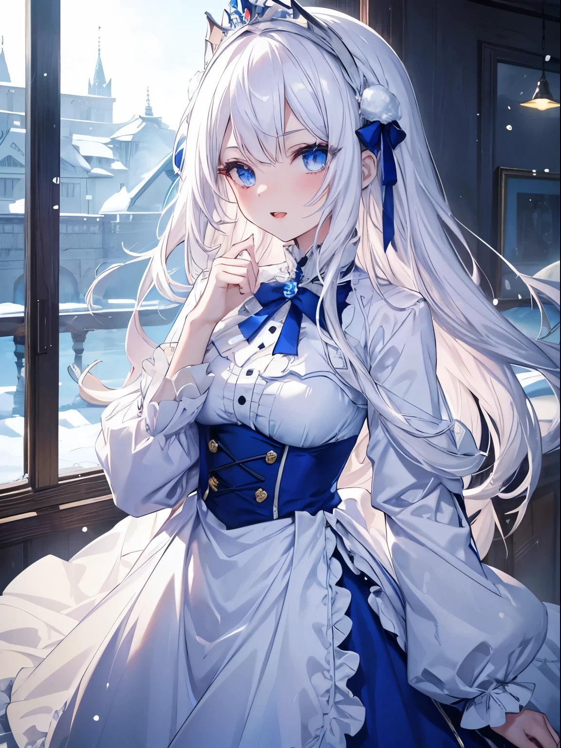 Anime girl in a blue and white dress standing by a window - SeaArt AI