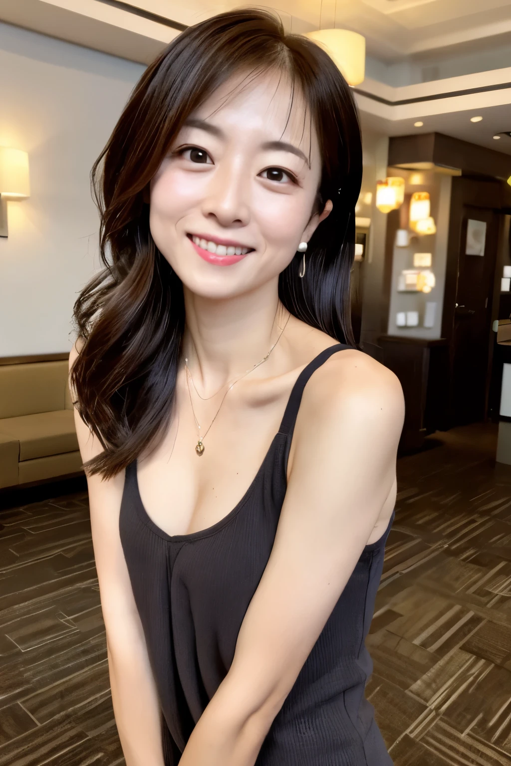 (High reality photograph, high resolusion, detailed face, detailed eyes) Skinny Japanese lady, 40 years old, cute face, various face expression, various hair style, skinny figure, very small breasts, very thin waist, in a hotel lobby, tight knit dress