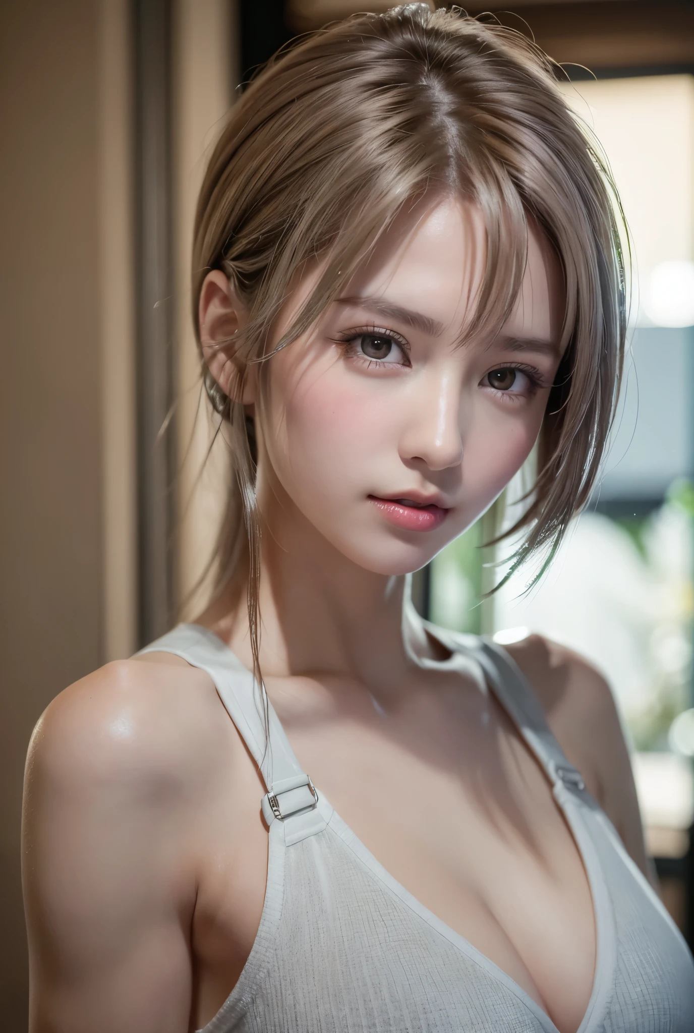 (8K, Photorealistic, Raw photo, of the highest quality: 1.3), (1girl in), Super beautiful, (Realistic face), (boyish, Silver Color Berry Shorthair), Beautiful , Glare that captivates the viewer, Beautiful expression, Beautiful breasts, (Realistic skin), Be...
