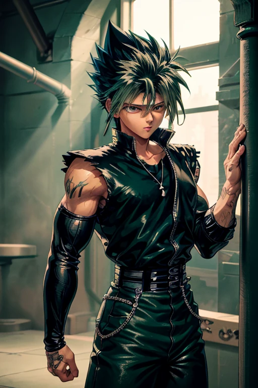 Highly detailed, (masterpiece), best quality, expressive eyes, perfect face, 1man, Long messy spiky wavy green raising hair, Cloud_Strife Green hair, green eyes, Bulky Body Builder Masculine body, Green leather Jacket & Jeans