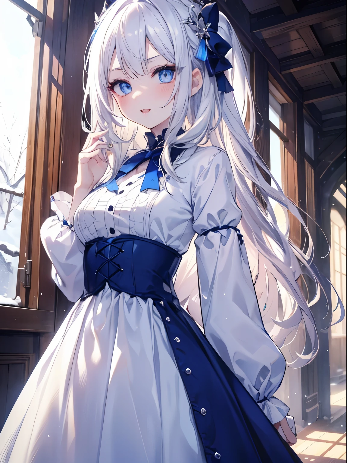 masutepiece, Highest Quality, (Perfect face:1.1), (high detailing:1.1), (ultradetailed eyes), Dramatic, superfine illustration, Extremely detailed, 1girl in, (pale skin), long white hair, Ethereal eyes, Blue eyes,tareme, (light eyebrow),blush,Solo,Smile, Happy, Laugh, Enjoy, Open mouth, Pouty lips,Cinematic lighting, Looking at Viewer, Cowboy Shot,Winters,Snow,Long sleeve,Blue Princess dress