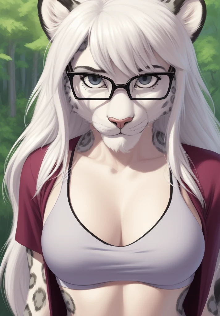 by meesh, (best quality, masterpiece:1), solo, anthro, furry, female, ((Snow Leopard)), grey eyes, white hair, shaggy long hair, portrait, fingers, finger claws, facing at viewer, snow leopard tail, ((large tuft of hair on the chest)), ((shirt)), ((medium breasts)), dull eyes, wire frame glasses, ((1woman)), forest area, white fur, fluffy fur, shaggy fur, close up photo, headshot, neutral expression, center frame, ((push-up bra under shirt))