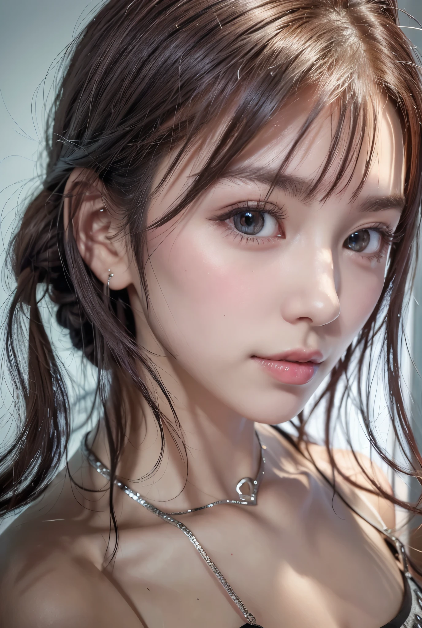 (8K, Photorealistic, Raw photo, of the highest quality: 1.3), (1girl in), Super beautiful, (Realistic face), (boyish, Silver Color Berry Shorthair), Beautiful , Glare that captivates the viewer, Beautiful expression, Beautiful breasts, (Realistic skin), Be...