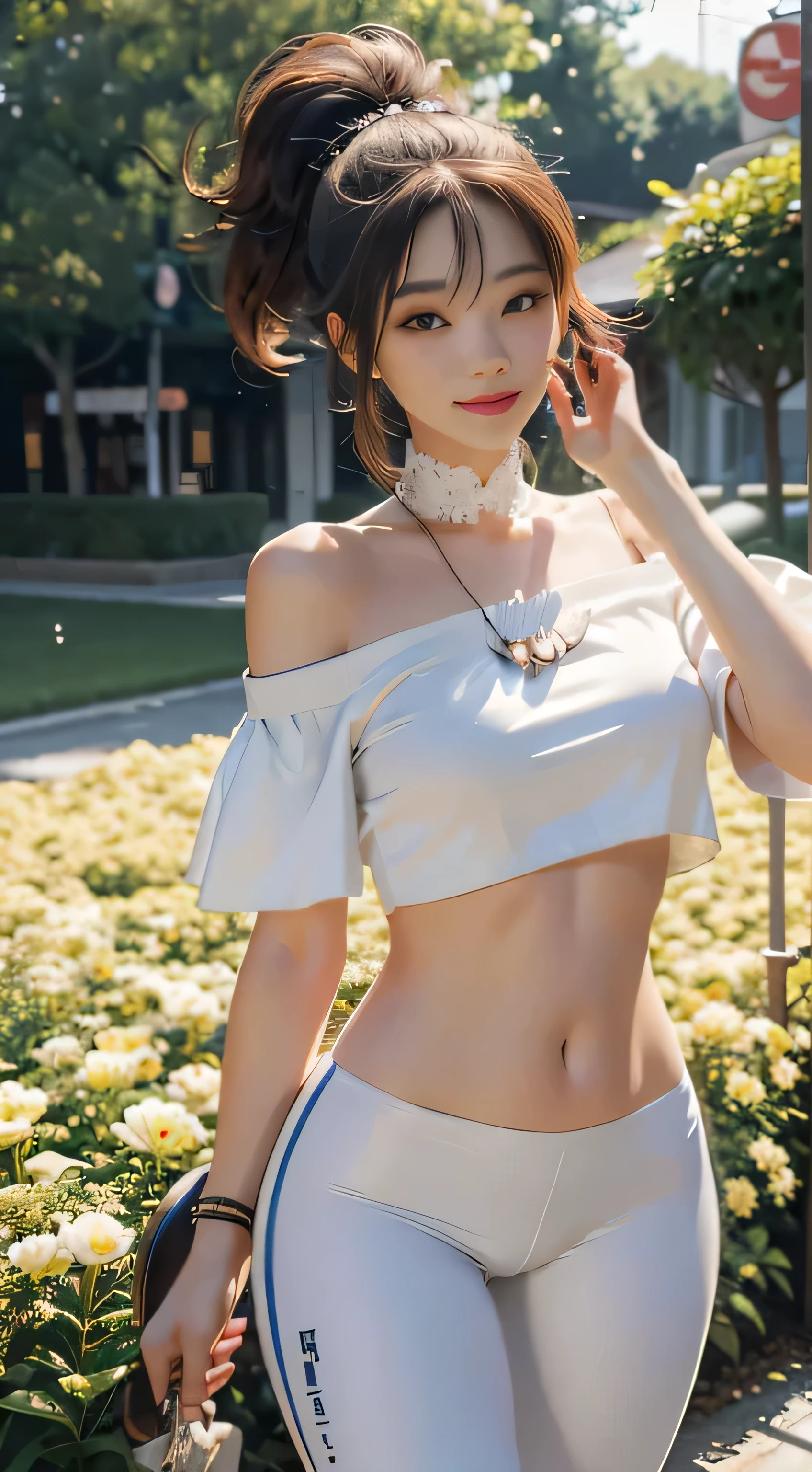 (hyper realisitc), (lamplight), (A high resolution), (8K), (The content is very detailed), (最好的lamplight 美丽的眼睛 最好的品质), (ultra - detailed), (tmasterpiece), (Wallpapers), (Detailed faces), only, (dynamicposes), 1 Sister, White off-the-bshoulder shirt paired with sexy super short yoga pants, bshoulder, blooming flower field, Skin glows, light smile, (sinner),Clear finger detailing,without a hat