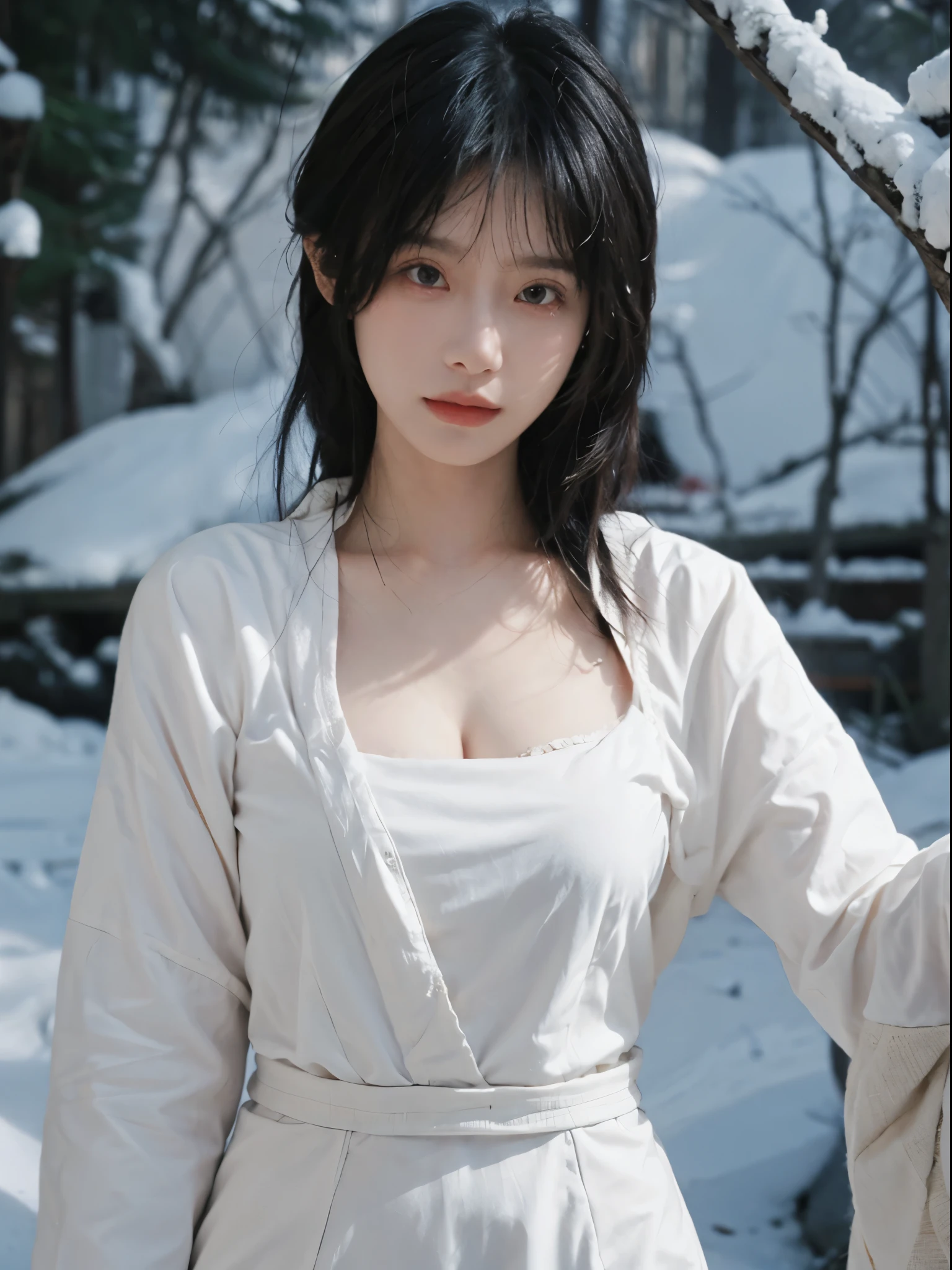 Best quality， 超高分辨率， white backgrounid，（realistically：1.4）， girl， A pair of eyes as clear as snow,Imperial sister，Black long straight， looking at viewert， closeup cleavage ，