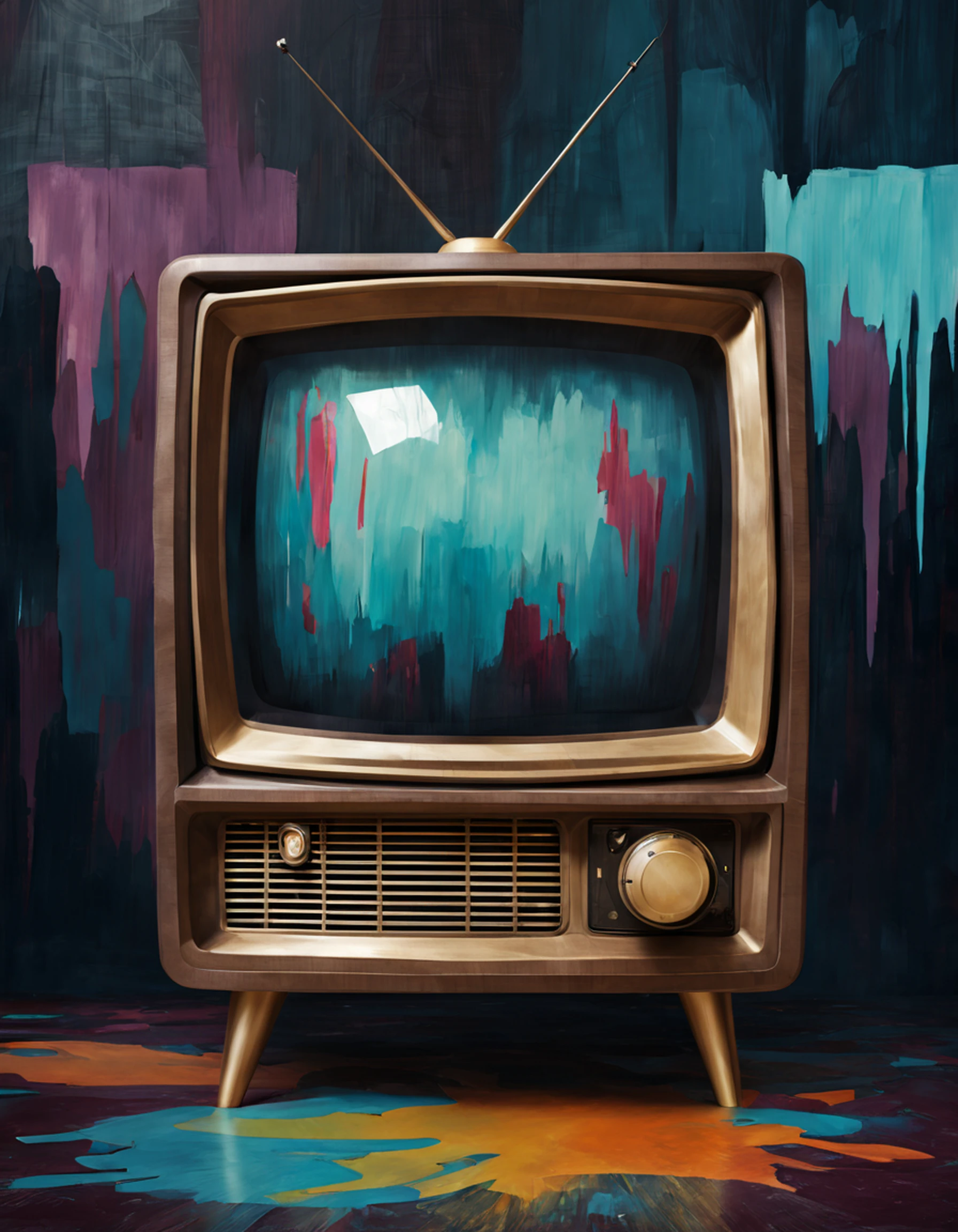 Surrealistic painting of retro television, Dark theme, Abstract painting background,