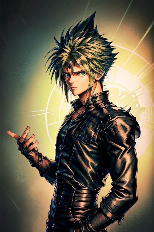 Highly detailed, (masterpiece), best quality, expressive eyes, perfect face, 1man, Long messy spiky wavy green raising hair, Cloud_Strife Green hair, green eyes, Bulky Body Builder Masculine body, Green leather Jacket & Jeans