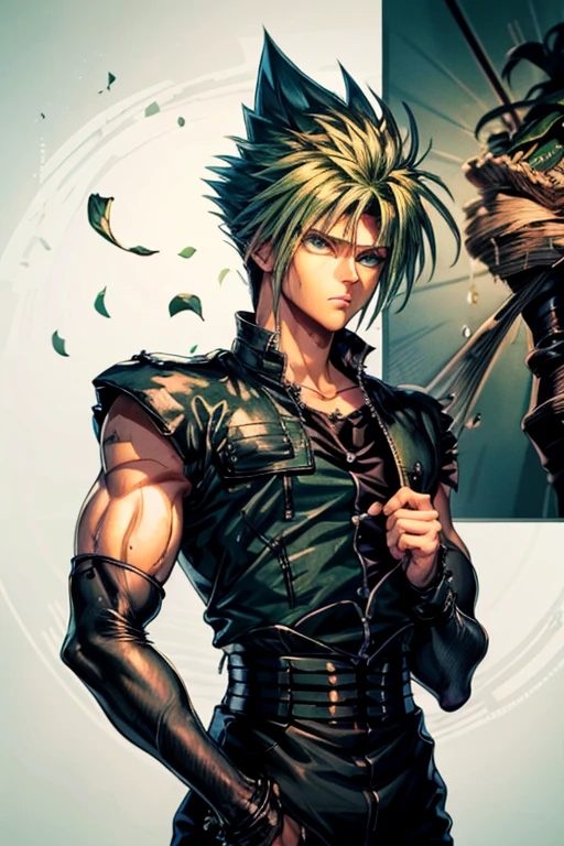 Highly detailed, (masterpiece), best quality, expressive eyes, perfect face, 1man, Long messy spiky wavy green raising hair, Cloud_Strife Green hair, green eyes, Bulky Body Builder Masculine body, Green leather Jacket & Jeans