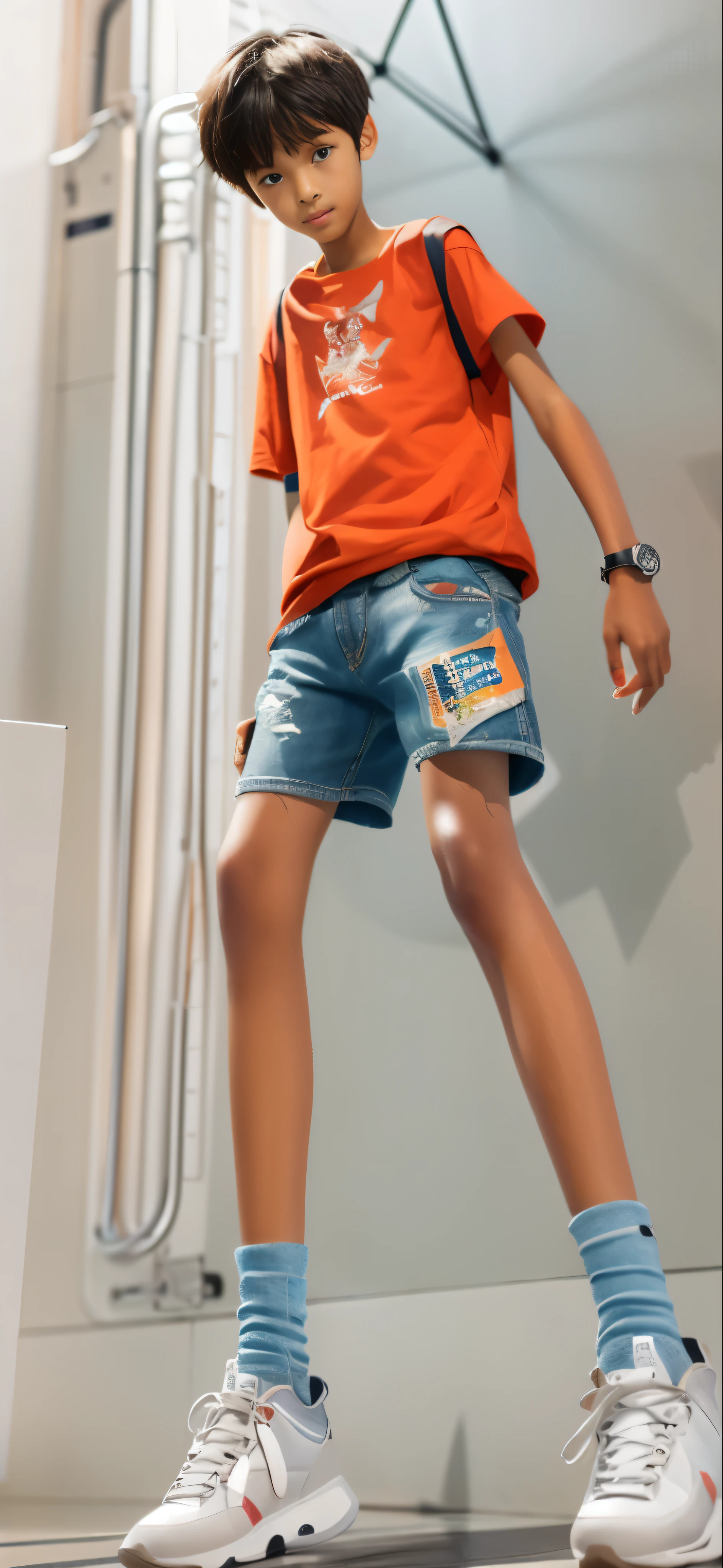 15 year old boy，bronze skin，mini denim shorts t-shirt，largeeyes，and very short hair，tall and lanky skinny，fully body photo，A junior high school student，Toothy smile，Wear white socks