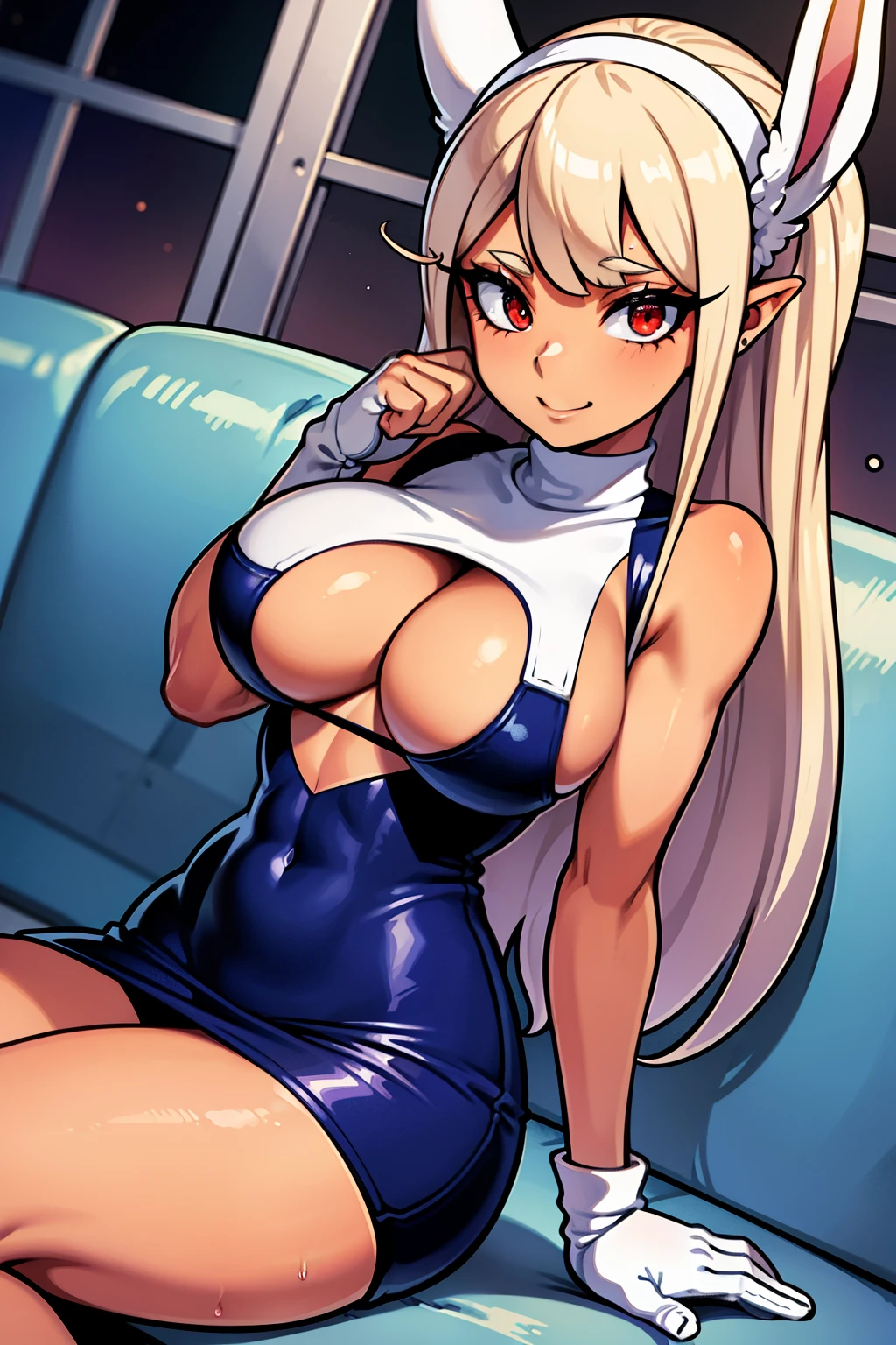 Cute girls,ojos rojos redondos, cabello blanco、orejas de conejo,sexy、sonriendo,Peinado liso medio a largo、(Bigboobs,lleva un vestido rosa,latex,En una casa de alquiler,sitting on the couch,Noche,estaba lloviendo afuera,Upper body is wet.,cuerpo entero,vestido rosa