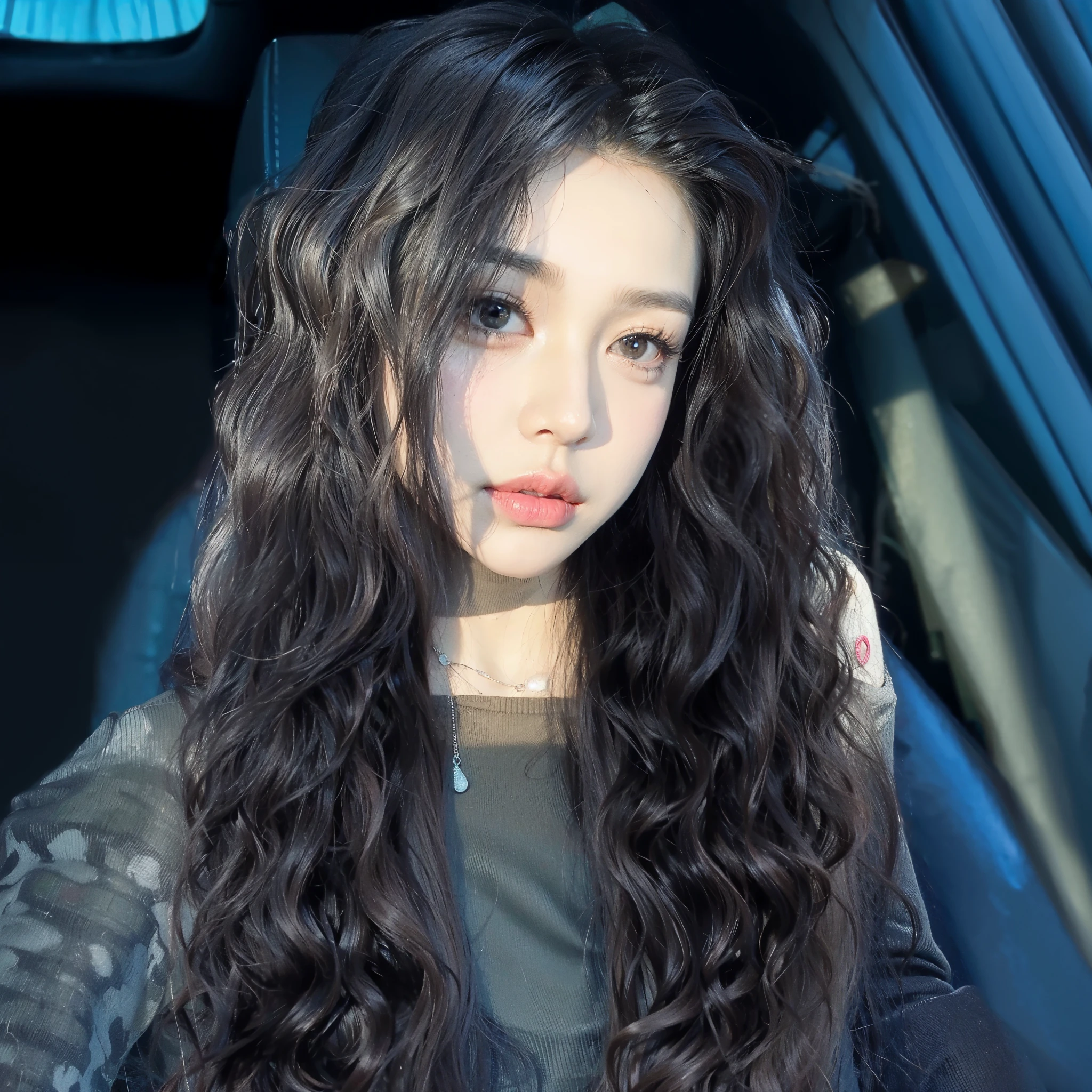 There was a woman with long black hair sitting in the car., 黑色with long coiled hair, ulzzangs, with long coiled hair, long wavy dark hair, large eyes and flowing long hair, 黑色with long coiled hair, long Black wavy hair, 狂野的黑色with long coiled hair, Black wavy hair, 黑色with long coiled hair, Long hair, Long hair and piercing eyes，Hair color uniform black