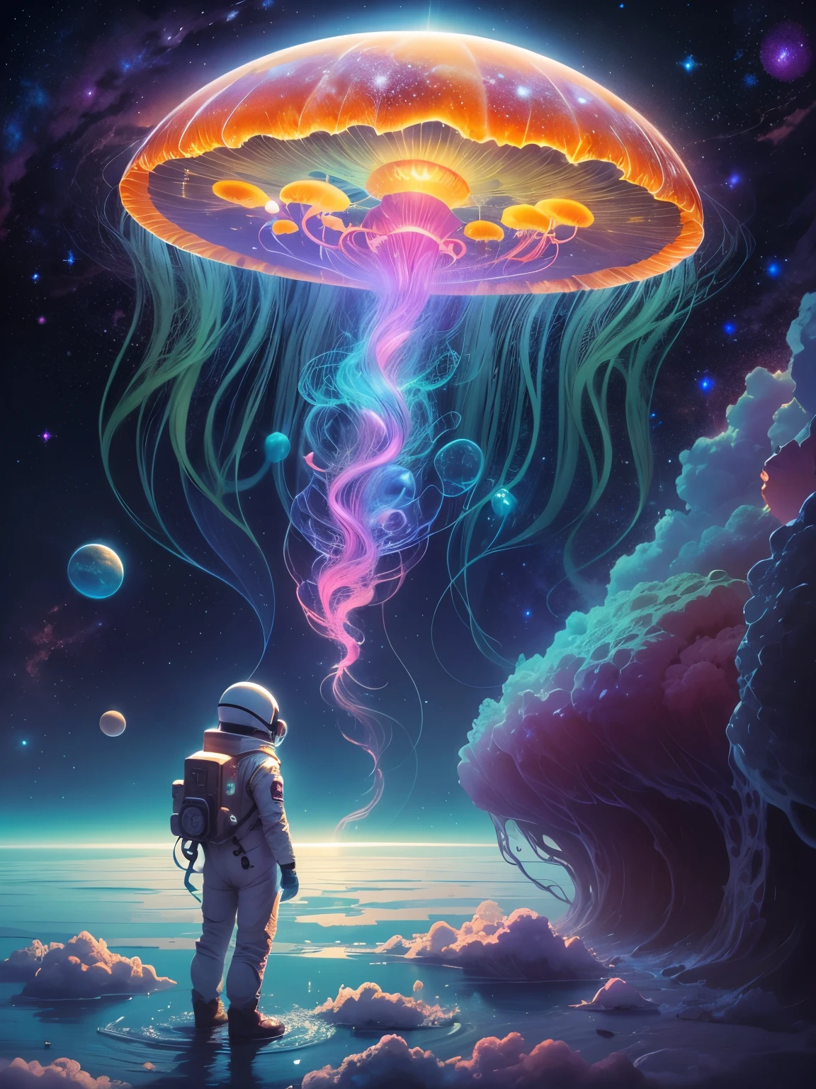 space flight，Astronaut observes glowing jellyfish floating in the Milky Way, Charming and magical, magnificent and colossal proportions, Emits vibrant ionized light. (Best quality, A high resolution:1.2), ultra - detailed, realistically:1.37, Ethernet media, Galactic Vortex，sparkling celestial creature, otherworldly beauty, bioluminescent glasses, a cosmic jellyfish, vivd colour, interstellar luminosity