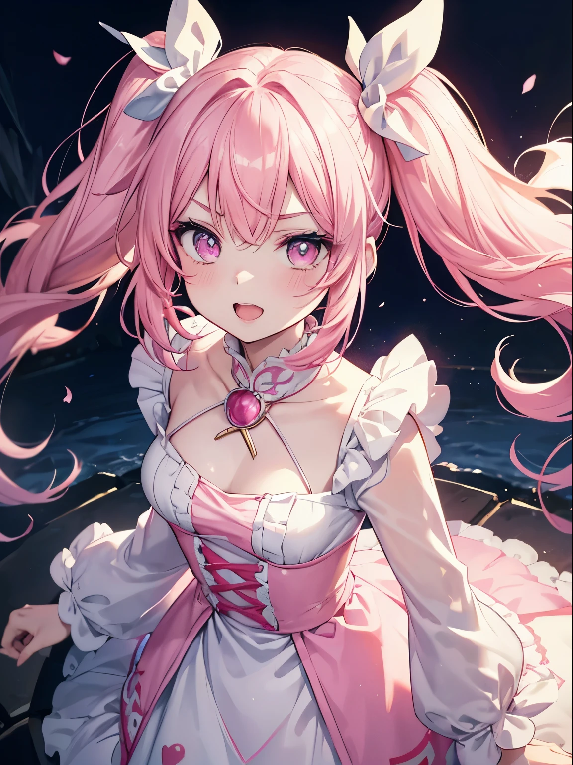 masutepiece, Highest Quality, (Perfect face:1.1), (high detailing:1.1), (ultradetailed eyes), Dramatic, superfine illustration, Extremely detailed,1girl in, (pale skin), Happy, Laugh, Enjoy, Cheerful,Open mouth,gloweyes,pinkhair, (long twintail),Ethereal eyes, pink eye,(light eyebrow),blush, Solo,Pouty lips,Cinematic lighting,Cowboy Shot, learning forward, Looking up, from above,Long sleeve,PINK Princess dress,in the morning, sunny
