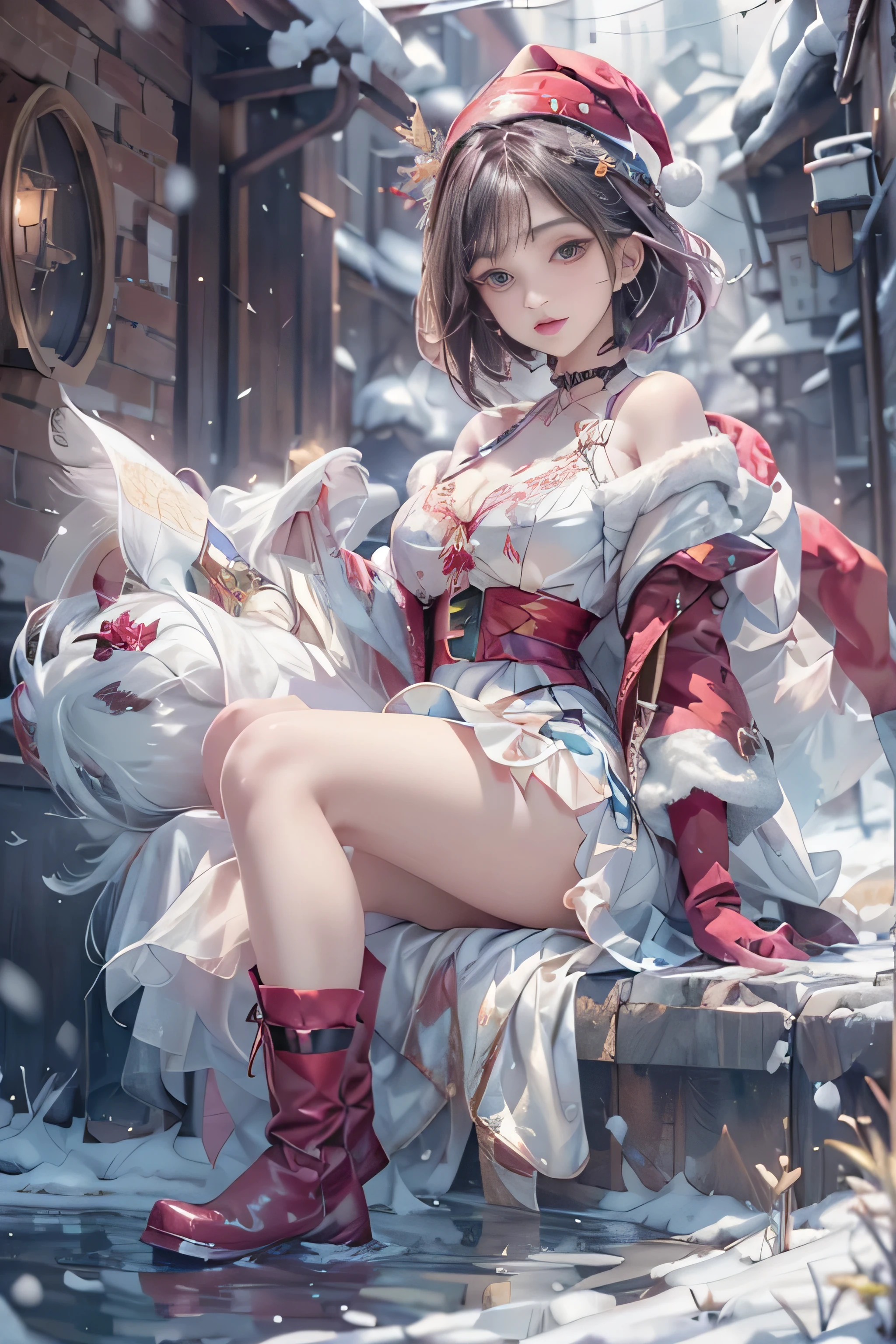 (top-quality,8K picture quality,masterpiece:1.3,hight resolution,masutepiece:1.2), (Back alley),snowscape,Snow mage wearing a white Santa suit,Niō Standing,Looking at the camera,(ssmile:1.2), ((crazy magic)), (Very beautiful fantasy background),(Red Santa Hats,Ultra mini skirt,Stockings,a choker,long boots:1.2), Bondage Fashion,sexy panty,I can see my panties,(Short bob hair),portraitures, Vivid colors, Intense lighting, brushstrokes, Ethereal Atmosphere, charmed, charmedされる景色, fascinated expression, Mystical, Old pose with intricate details,dynamicposes:1.4),captivating moment, Flickering snow, crystalline ,Icicles,magic elements, ethereal glow, Transcendent, Harmonic color palette,Erotic art. Art Book. Art Book. Fantasy Art, (Young gravure idols, Young skinny gravure idol, sophisticated gravure idol),(detailed flawless face),normal hands,Normal finger,Normal legs