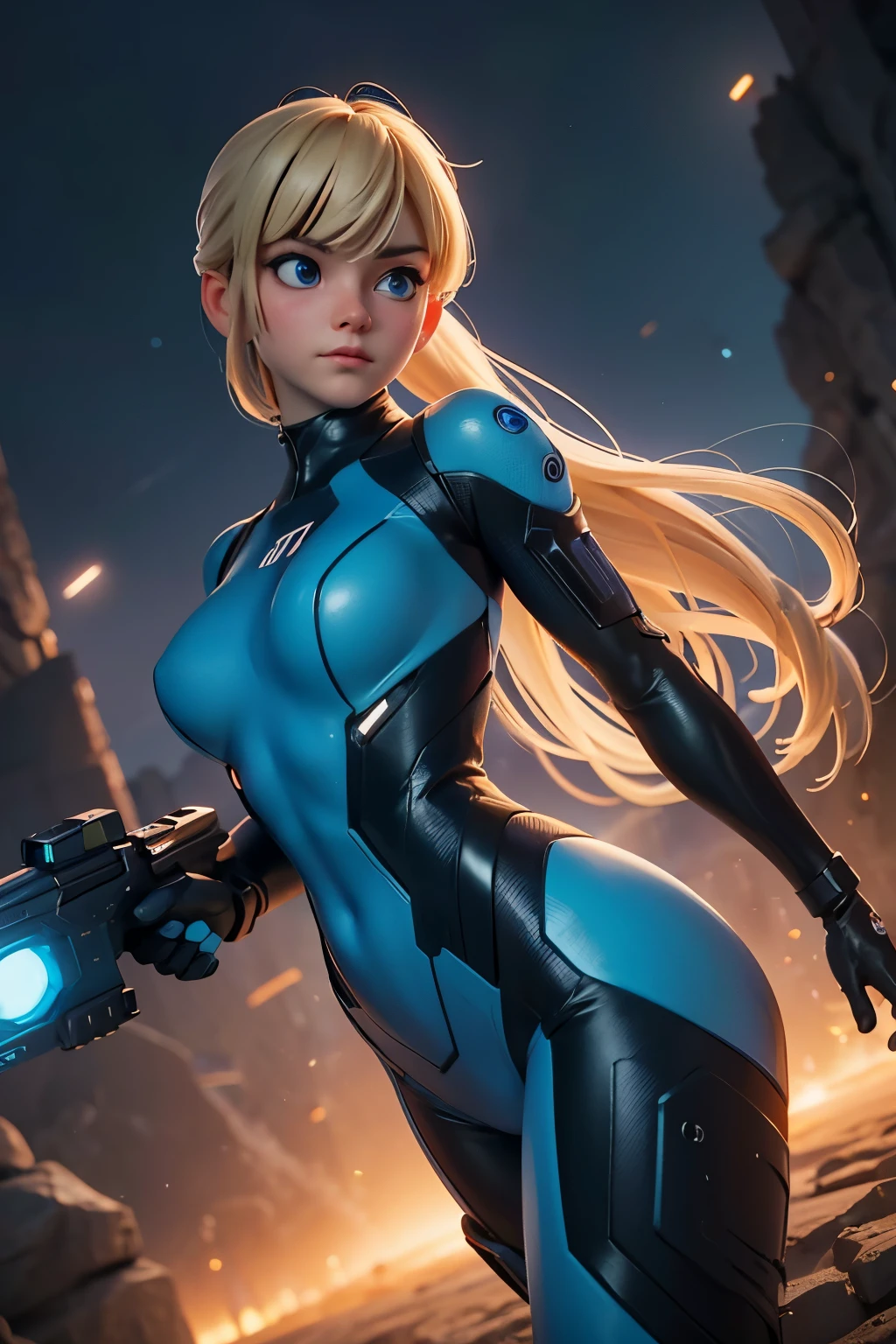 (zero suit:1), (zssamus:1), (woman:1), ((blue eyes)), (blue sci-fi suit:1), (blue suit:1.2), blonde hair, long ponytail, (tactical suit), (holding a sci-fi gun), (sci-fi weapon), cartoony facial features, large round eyes, bangs hair, (realistic:1.2),  (masterpiece:1.2), (full-body-shot:1),(Cowboy-shot:1.2), light particles, space background, neon lighting, dark romantic lighting, (highly detailed:1.2),(detailed face:1.2), (gradients), colorful, detailed eyes, (one person), (detailed landscape:1.2), (natural lighting:1.2),(detailed background),detailed landscape, (dynamic pose:1.2), wide shot, solo,