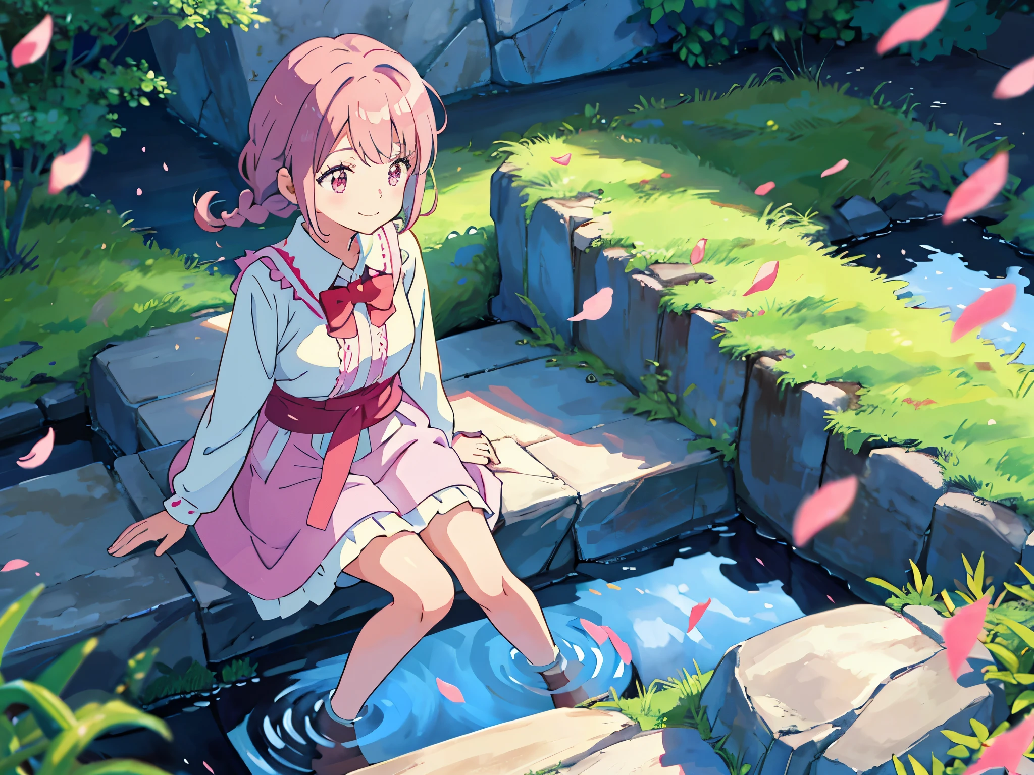 1个Giant Breast Girl,solo,SakuraNS树下,falling flower petals,Anime manga girl, pixiv, loli in dress, anime change, cute anime, cute anime girl, Curvy little loli, Anime visuals of a cute girl, cute anime, Anime cute art style, cute anime style,extremely detremely detailed CG,8k wallpaper,straightforward girl,ar old,Thin eyebrows,ssmile,Pink hair,Tie twisted braids behind ears,Short hair details,Qi bangs,ssmile,sitting on stone steps,SakuraNS