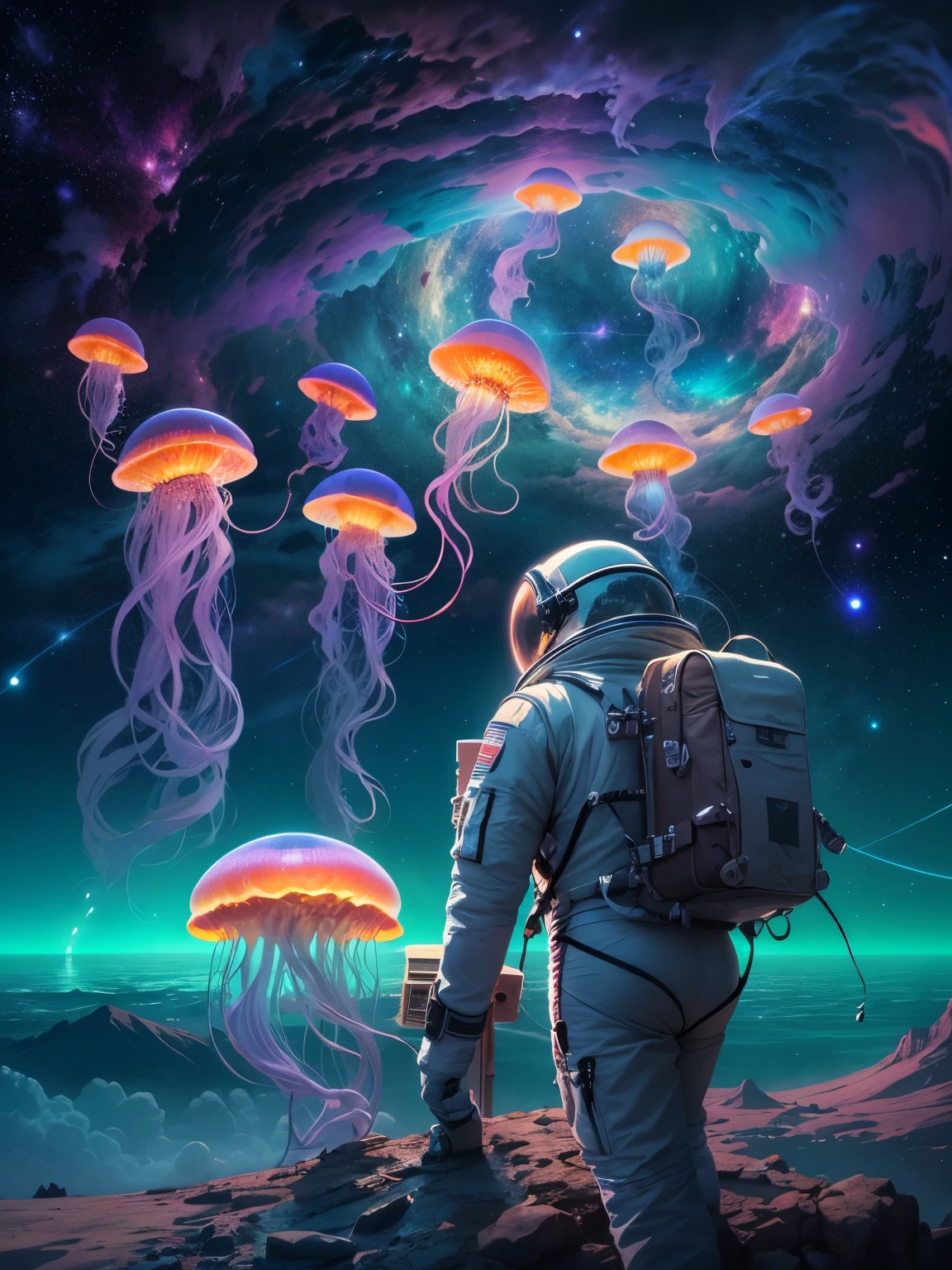 space flight，Astronaut observes glowing jellyfish floating in the Milky Way, Charming and magical, magnificent and colossal proportions, Emits vibrant ionized light. (Best quality, A high resolution:1.2), ultra - detailed, realistically:1.37, Ethernet media, Galactic Vortex，sparkling celestial creature, otherworldly beauty, bioluminescent glasses, a cosmic jellyfish, vivd colour, interstellar luminosity