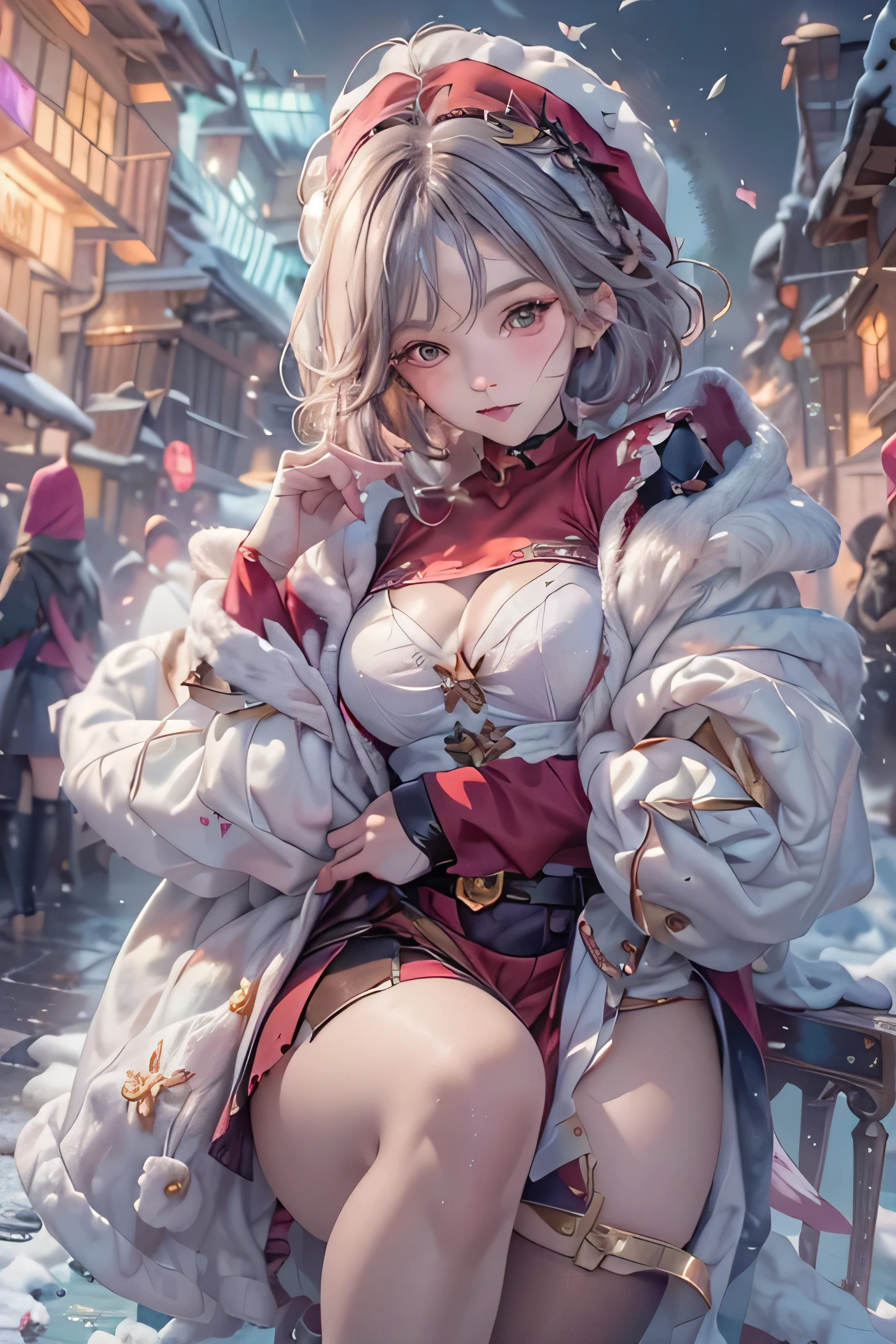 (top-quality,8K picture quality,​masterpiece:1.3,hight resolution,masutepiece:1.2), (Back alley),snowscape,Snow mage wearing white Santa suit,Niō Standing,Looking at the camera,(ssmile:1.2), ((crazy magic)), (Very beautiful fantasy background),(Red Santa Hats,Ultra mini skirt,Stockings,a choker,long boots:1.2), Bondage Fashion,sexy panty,I can see my panties,(Short bob hair),portraitures, Vivid colors, Intense lighting, brushstrokes, Ethereal Atmosphere, charmed, charmedされる景色, fascinated expression, Mystical, Intricate details, (Bold pose with open legs,dynamicposes:1.4),captivating moment, Flickering snow, crystalline ,Icicles,magic elements, ethereal glow, Transcendent, Harmonic color palette,Erotic art. Art Book. Art Book. Fantasy Art, (Young gravure idols, Young skinny gravure idol, sophisticated gravure idol),(detailed flawless face),normal hands,Normal finger,Normal legs