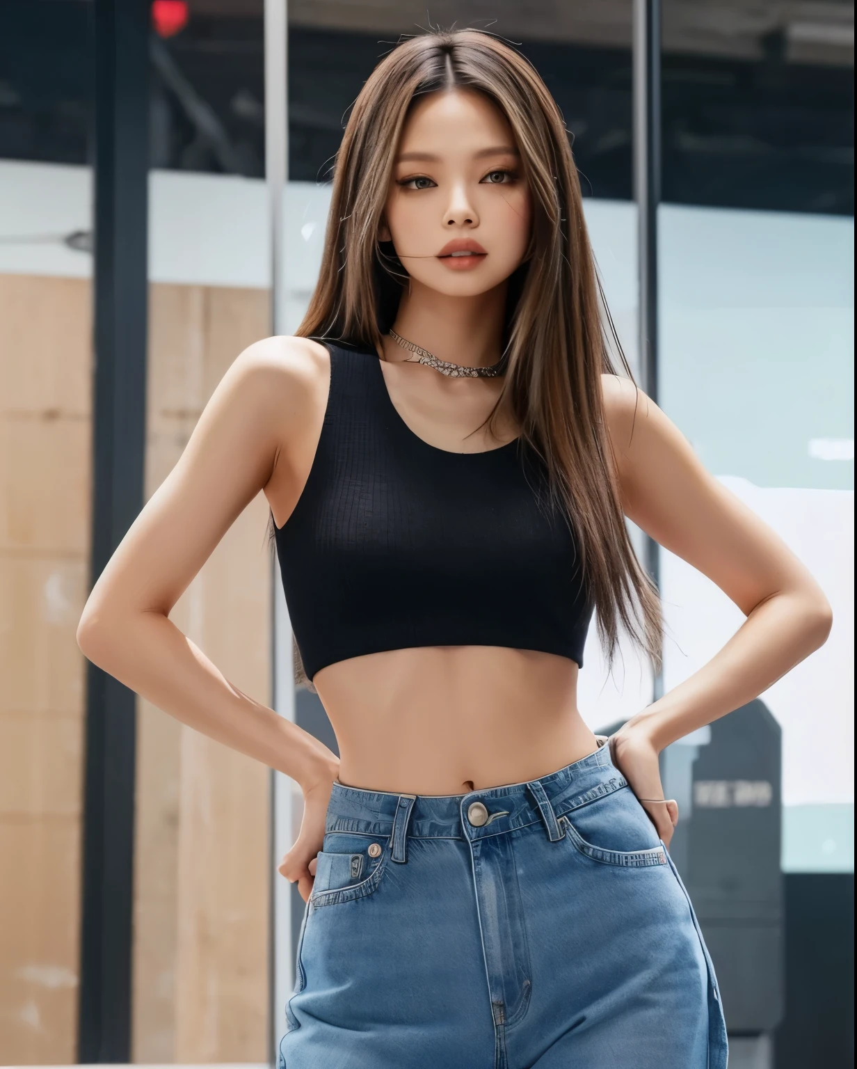 A beautyful girl，Akimbo，denim pant，Black upper waist，black color hair，Beautiful face，Jennie