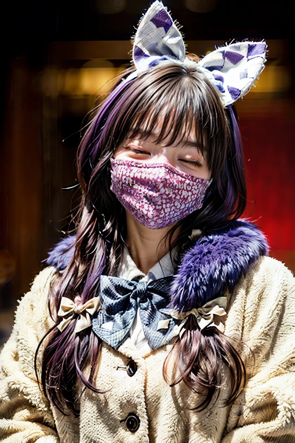 ((カスタムeye mask)), ((Patterned mask shortage mask、((patterned eye mask)), string hair bow ribbon, Purple hair, ((Realistic)), ((photorealisim)), ((photoRealistic)), (()), ((Real life)), 1girl in, Solo, Closed eyes, Black hair, multicolored hair, blush, Fur trim, ピンク色のfur-trimmed coat, Smile, coat, Purple hair, Long hair, ((eye mask)), Bangs, Closed mouth, Bow, flying sweatdrops, white coat, bow ribbon, bandaged, Two-tone hair, Upper body, white Bow, Hair Ornament