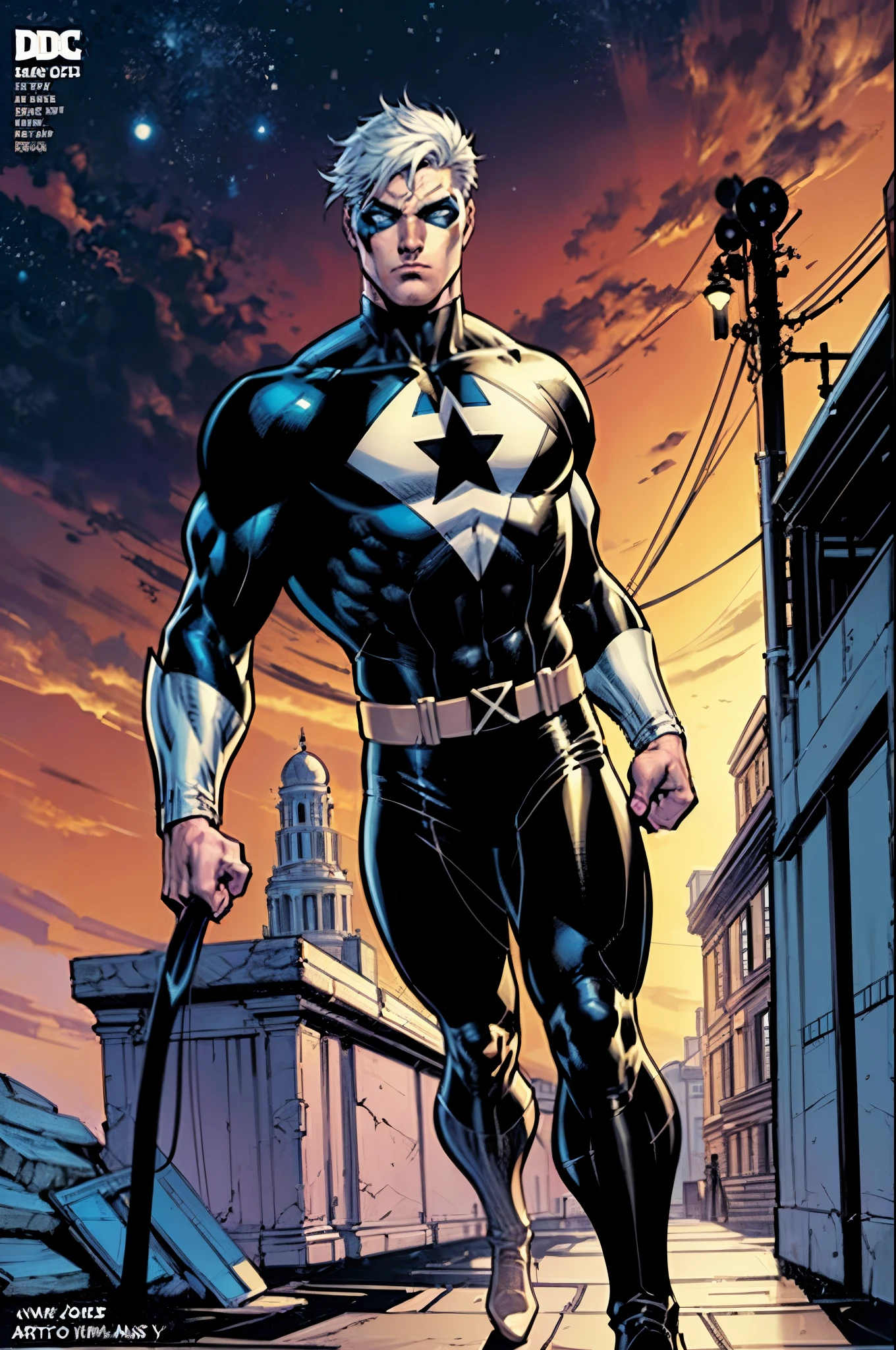 4k, hyperrealistic, handsome boy, young man, young boy, slender body, 1boy, white hair, anime hair, black outfit, white outlines, domino mask, jim lee, jim lee artstyle, dc comic, marvel comic, comic book cover, comic artstyle, jim lee comic, young boy, young handsome face