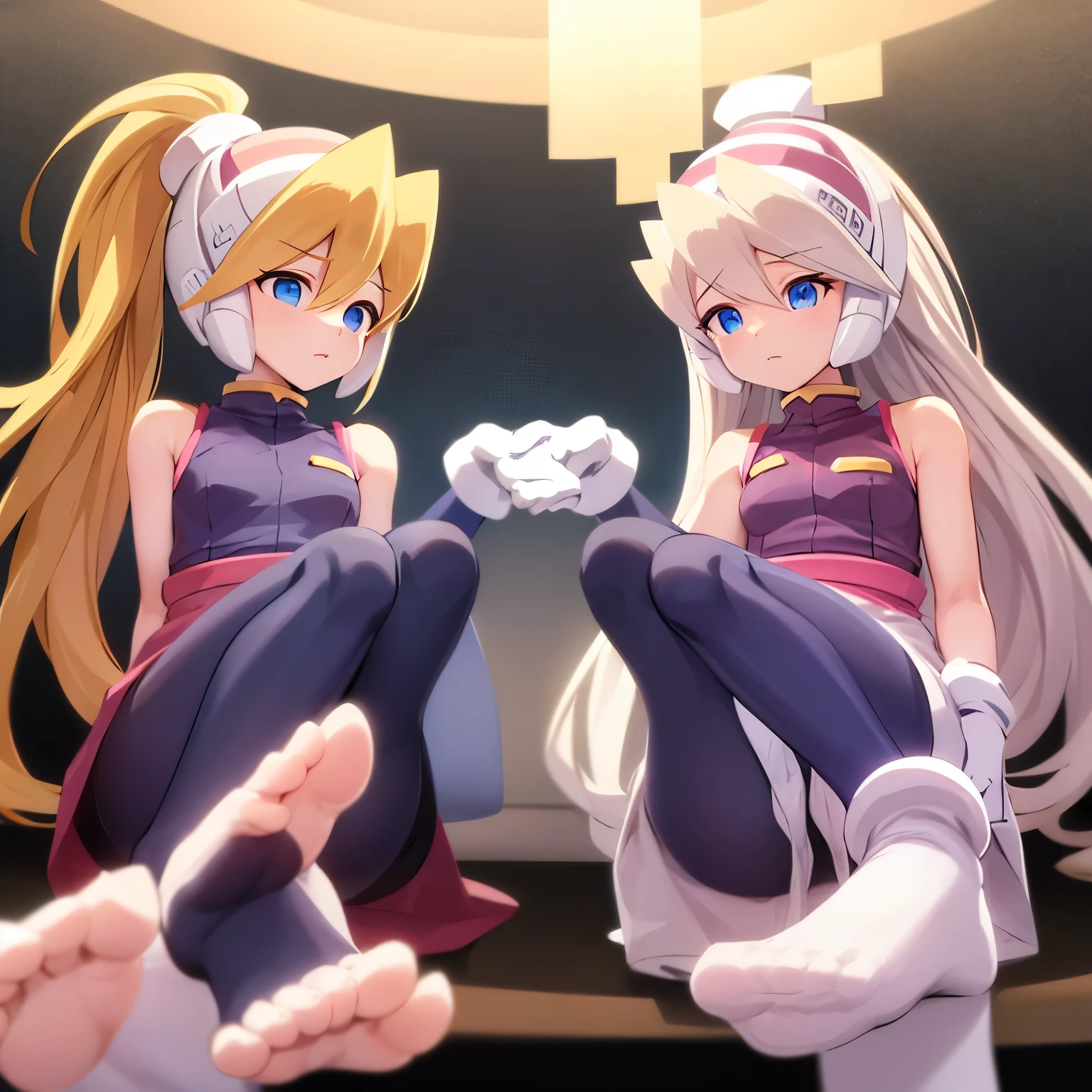 long hair, blue eyes, blonde hair, ponytail, headgear, pantyhose, white gloves, feet