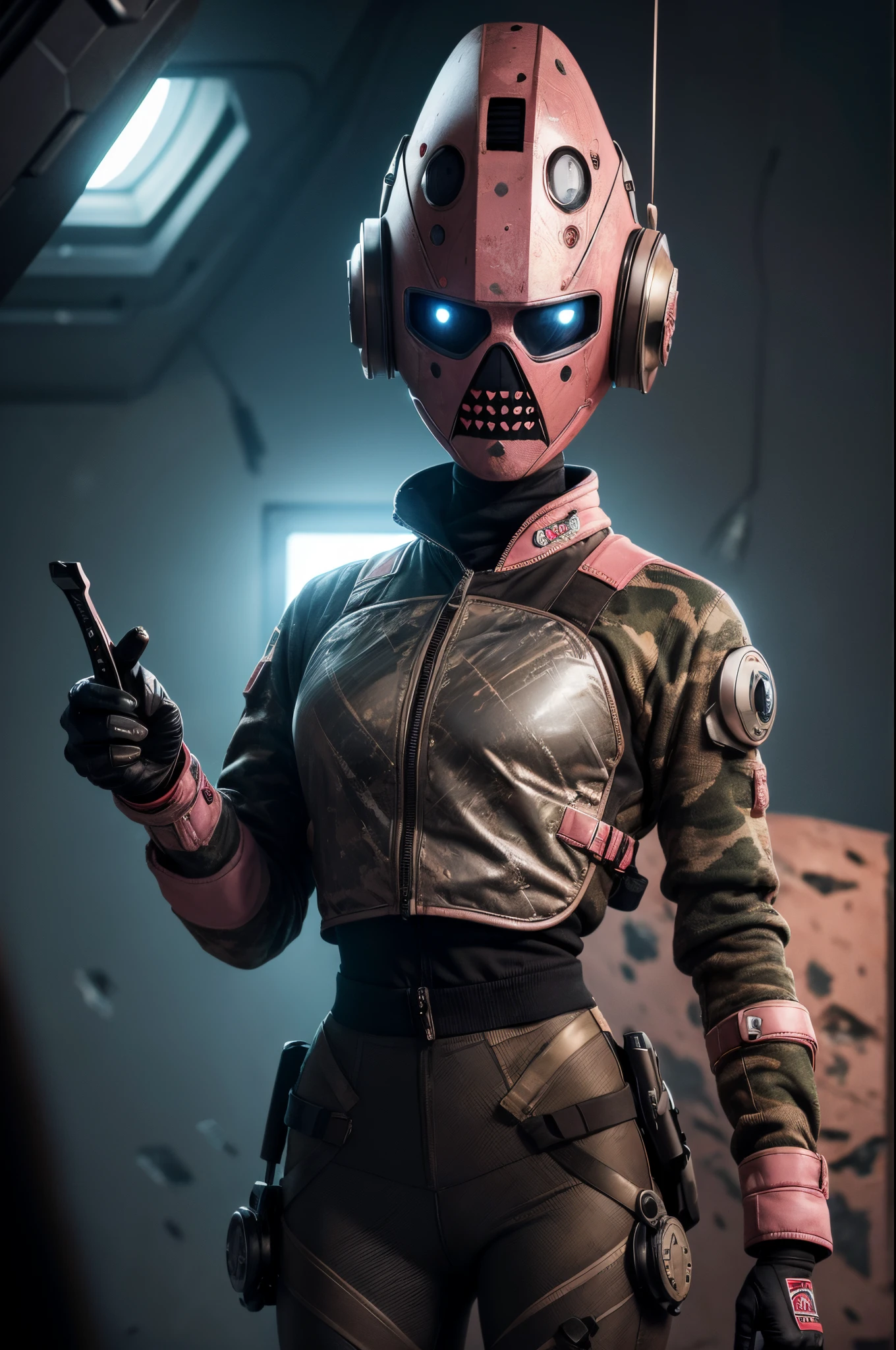 A Modern flat toon Crazy whit a Big ONE a Only Eye Robot and helmet Style, tongs in hands, Tv head, pinhead, camouflage PINK Rusty, Ambient in a meteorite crater super detailed, center, beautiful, soft lighting, focused on the character, 4K resolution, photorealistic rendering,