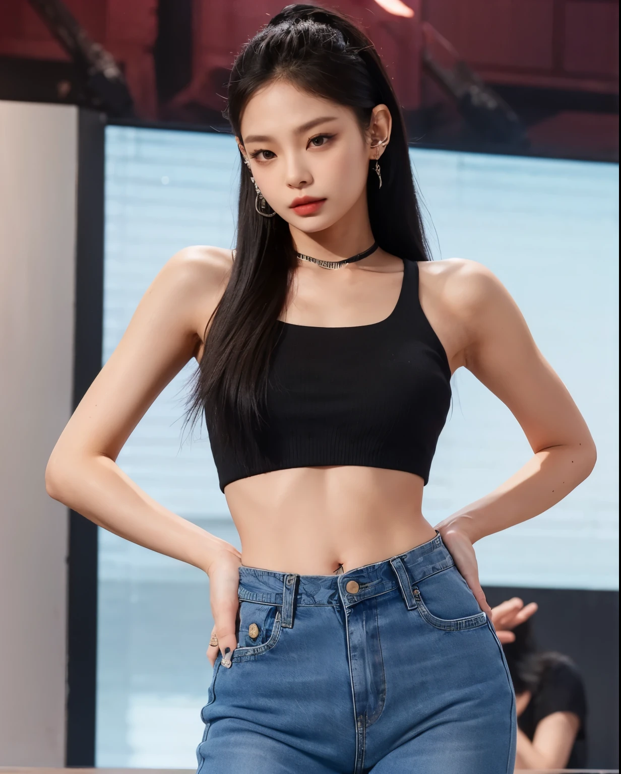 A beautyful girl，Akimbo，denim pant，Black upper waist，black color hair，Beautiful face，Jennie