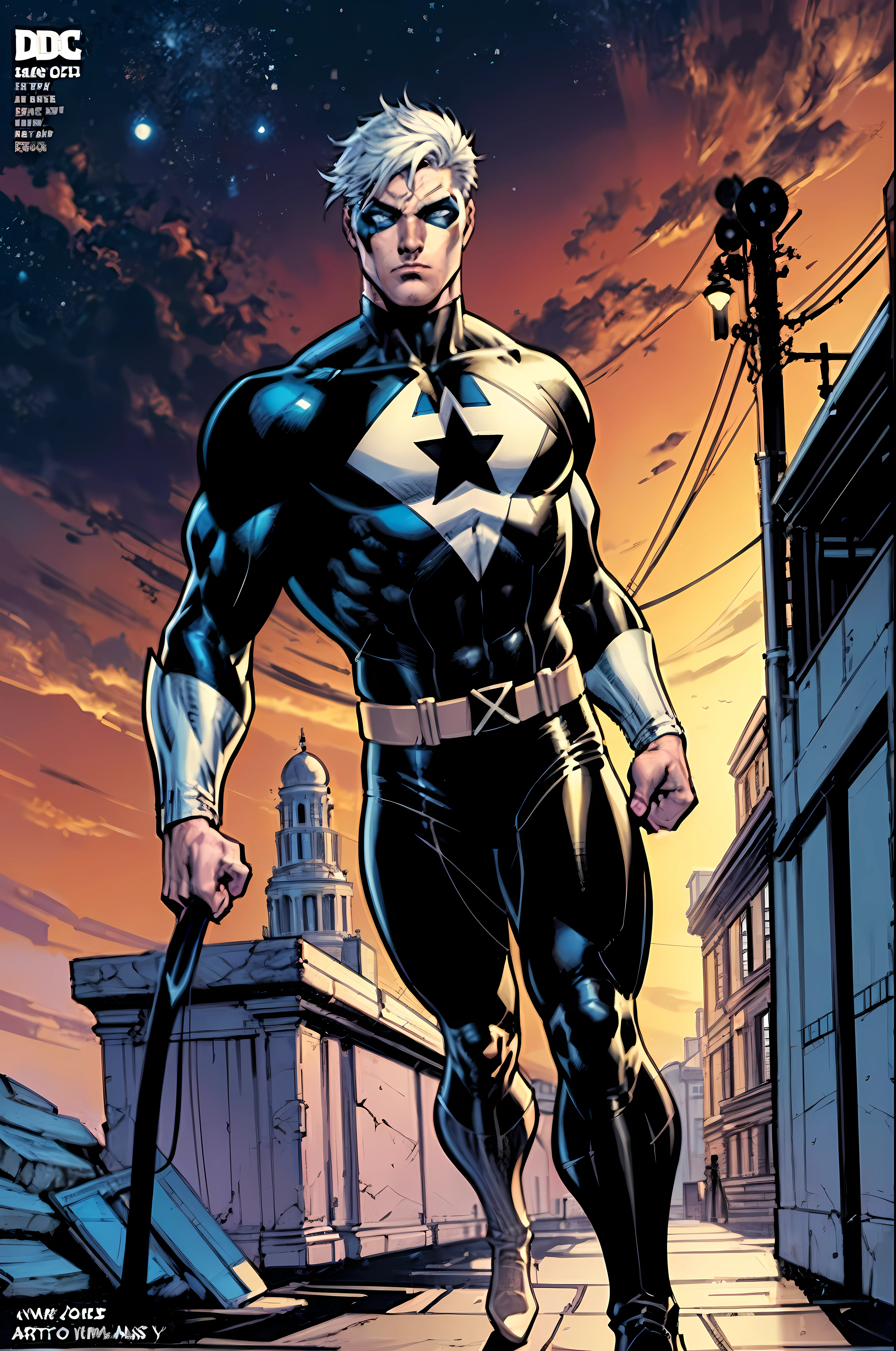 4k, hyperrealistic, handsome boy, young man, young boy, slender body, 1boy, white hair, anime hair, black outfit, white outlines, domino mask, jim lee, jim lee artstyle, dc comic, marvel comic, comic book cover, comic artstyle, jim lee comic, young boy, young handsome face