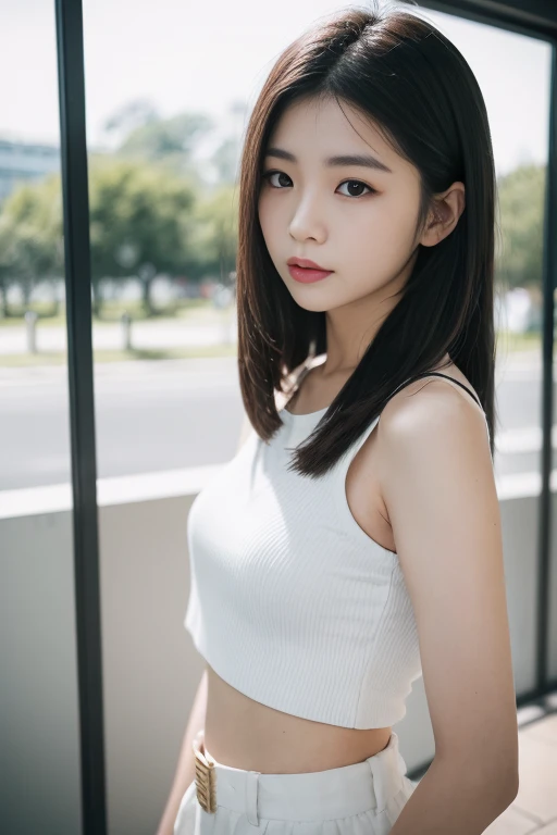 RAW photo, 25 year old Japanese woman, crop top with medium bust., White skin, Long black hair, at park, 8k UHD, DSLR, gentle lighting, High Quality, grain of film, Fujifilm XT3