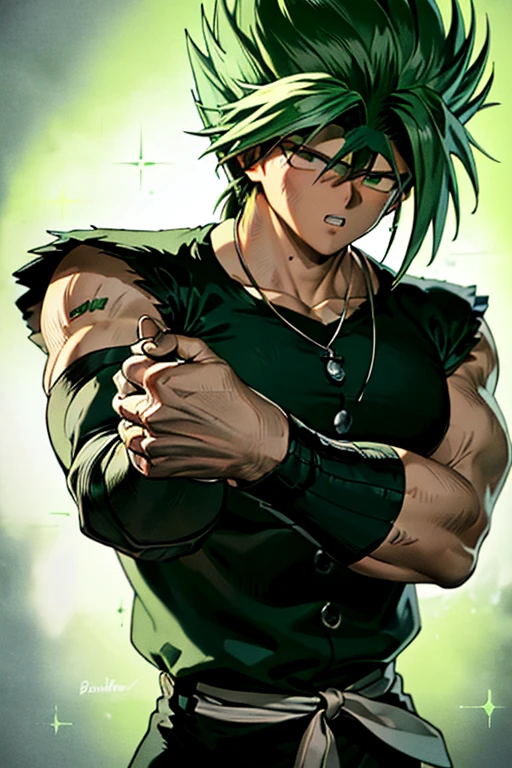 Highly detailed, (masterpiece), best quality, expressive eyes, perfect face, 1man, Long messy spiky wavy green raising hair, Cloud_Strife Green hair, green eyes, Bulky Body Builder Masculine body, Green leather Jacket & Jeans