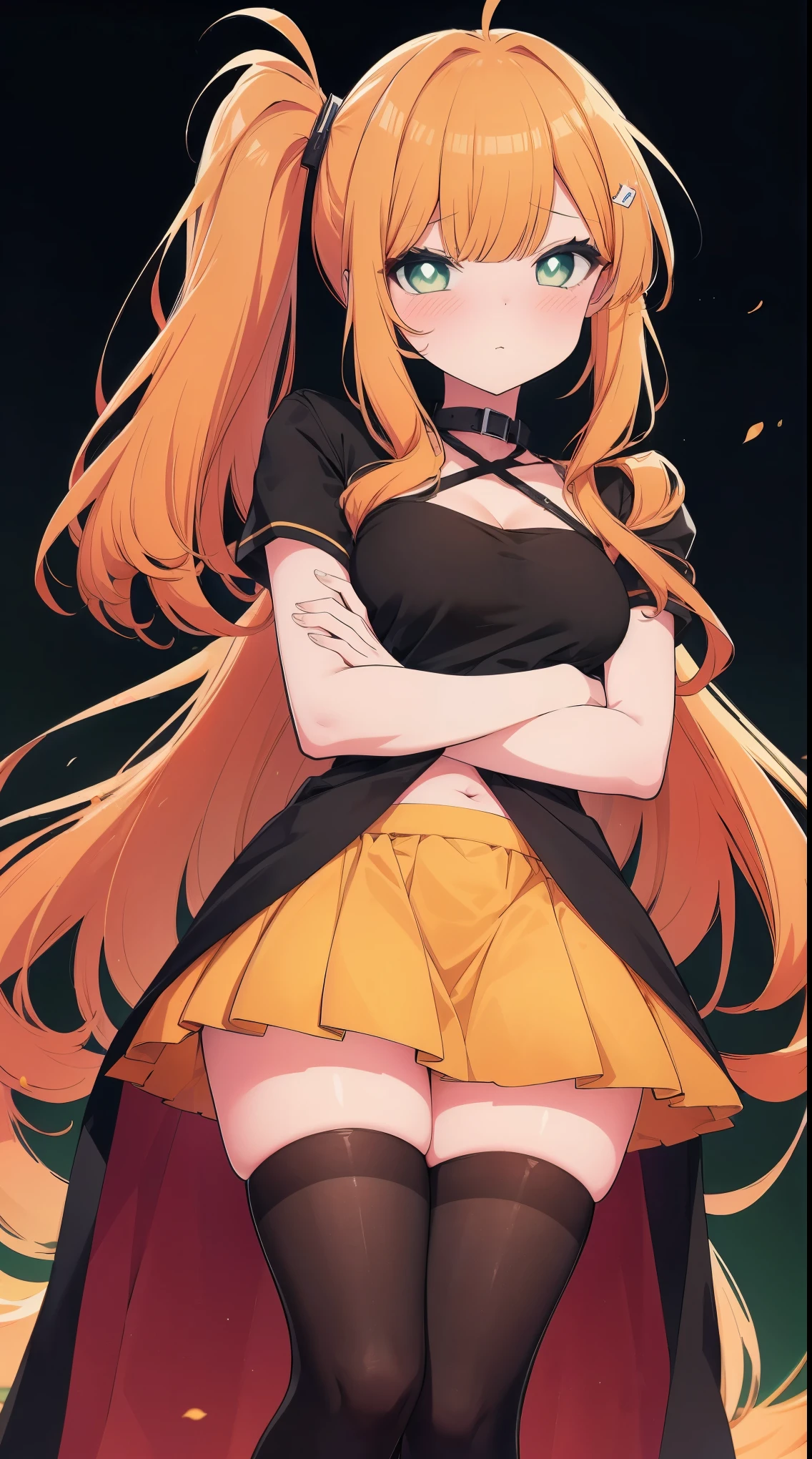 1girl, black_legwear, blush, breasts, chocker, covering, covering_breasts, crossed_arms, green_eyes, medium_breasts, navel, orange_hair, side_ponytail, solo, thighhighs, frilled skirt