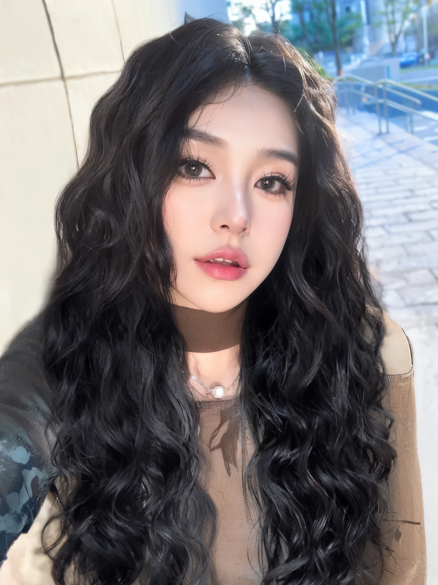 There is a woman with long black hair posing for a photo, ulzzangs, with long coiled hair hair, 黑色with long coiled hair, long wavy dark hair, long wavy dark hair, Black wavy hair, with black curled hair, long Black wavy hair, 黑色with long coiled hair, Curly hairstyle with middle part, Vibrant, dark curls, with long coiled hair, Long hair