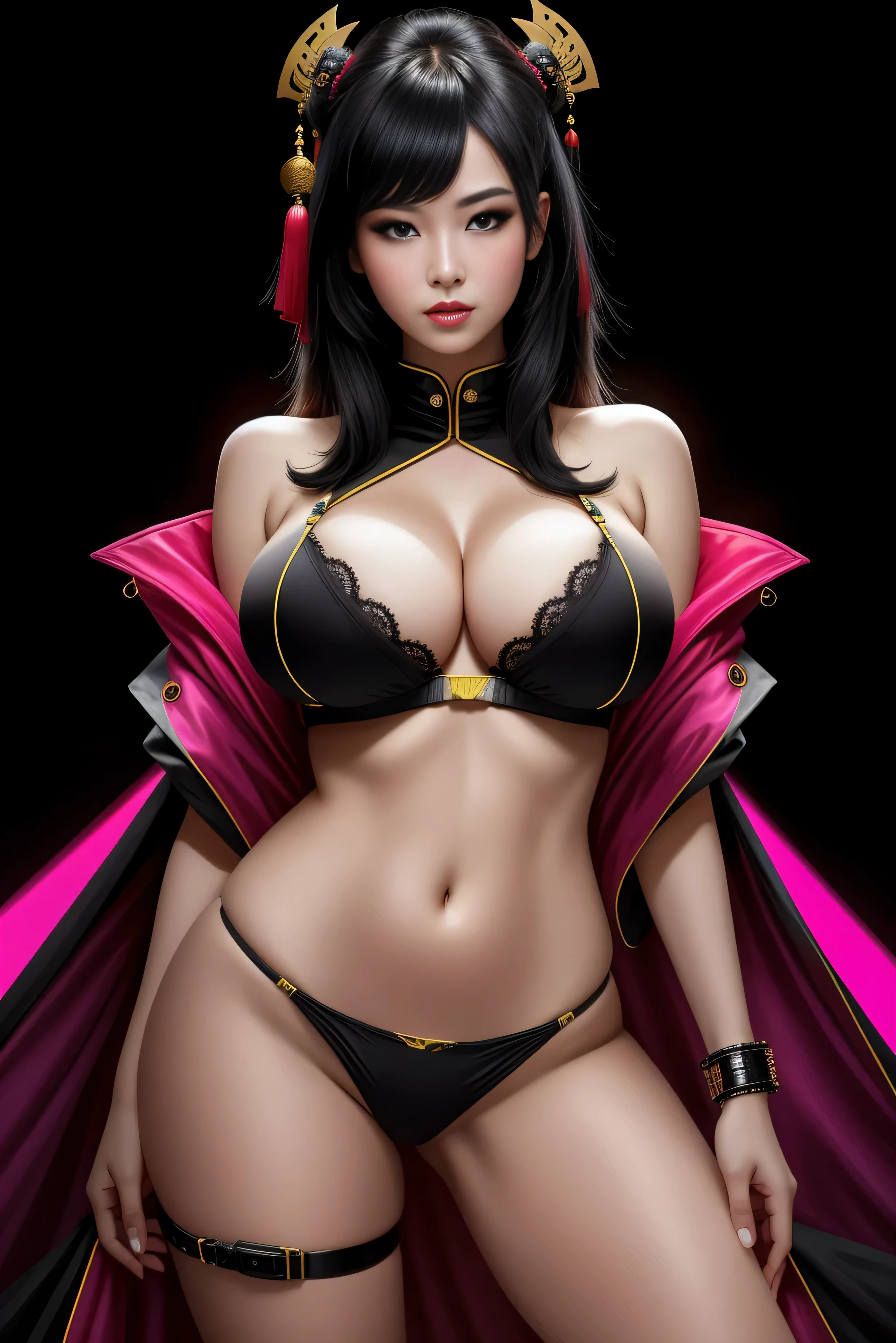 there is a Chinese Geisha woman standing, 3 d neon art of a woman's body, neon-noir background, cyberpunk femme fatale, seductive cyberpunk dark fantasy, cyberpunk strip clubs, cyberpunk 20 y. o model girl, oppai cyberpunk, banner, high definition cgsociety, cgsociety masterpiece, trending on cgstation, kda, random hair, looking at camera, gigantic breasts, cleavage, (high detailed skin:1.2), 8k uhd, dslr, super lighting, high quality, film grain, high res, highly detailed, hyper realistic, beautiful face, beautiful body, beautiful eyes nose lips, alluring expression, very bold, upper boobs visible, full body photo, standing legs apart, pale translucent glowing skin, most beautiful face, cute, (well defined pubic hair:1.2)), (dark plain black background:1.4))