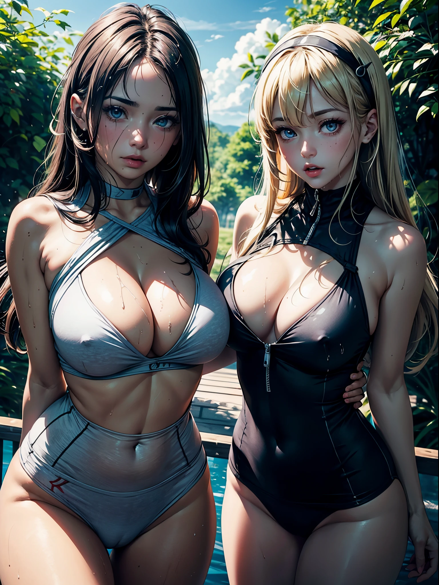 1female,35yo,Huge breasts, 独奏,Wear yoga clothes,Wear a headband,, Pornographic exposure,ln the forest, She has long flowing blonde hair, Bare genitalia,Sateen,Bigchest, From the front side, Wet straight hair, Sweating profusely,mostly cloudy sky,(tmasterpiece),(Very detailed CG unity 8K wallpaper),best qualtiy,voluminetric lighting,detailed back ground,beatiful detailed eyeright pupils,(Very fine and beautiful),(Beautiful and detailed eye description),ultra - detailed,facing at camera,A high resolution,ultra - detailed),Very long hair,standing on your feet,Emotive expressions,Open-mouthed,Chest sagging,nakenespose the genitals,revealing breasts,Camel toes,with no underpanttremely large bosom,Extremely colorful,Most detailed,fully body photo,The face is well lit,frontage