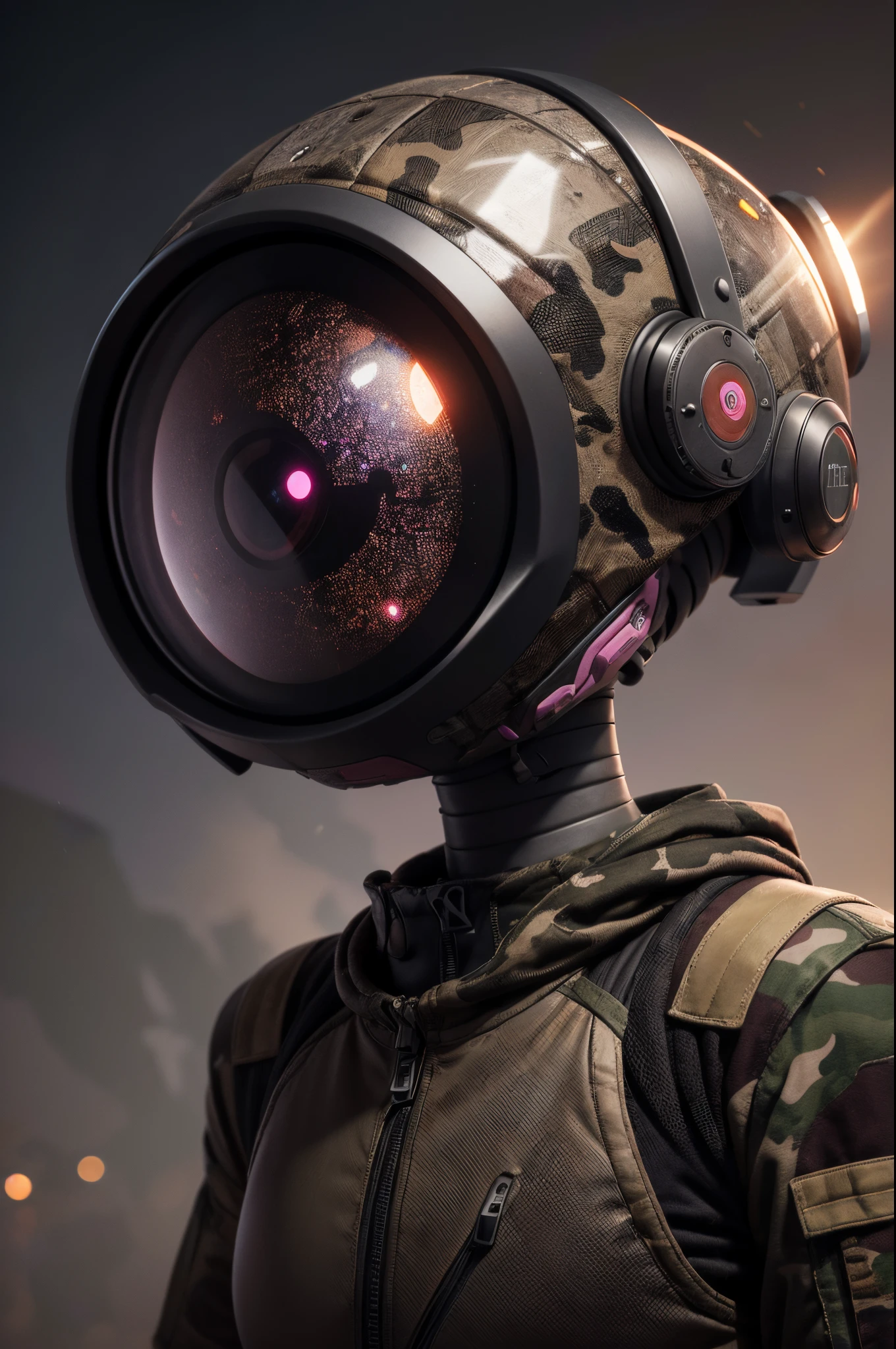 A Modern flat toon Crazy whit a Big ONE a Only Eye Robot and helmet Style, tongs in hands, Tv head, pinhead, camouflage PINK Rusty, Ambient in a meteorite crater super detailed, center, beautiful, soft lighting, focused on the character, 4K resolution, photorealistic rendering,