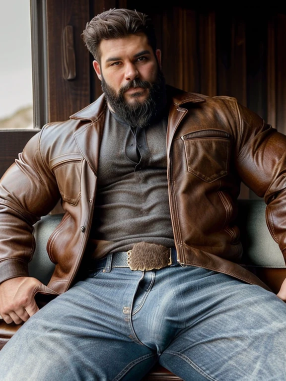 Hot, Muscular, beefy, bear body, man, stable, cowboy, sitting on horse, leather jacket, jockstrap, naked ass, hairy chest, hairy tummy, hairy legs, big thighs, big ass, beard, cute face, handsome, bulge