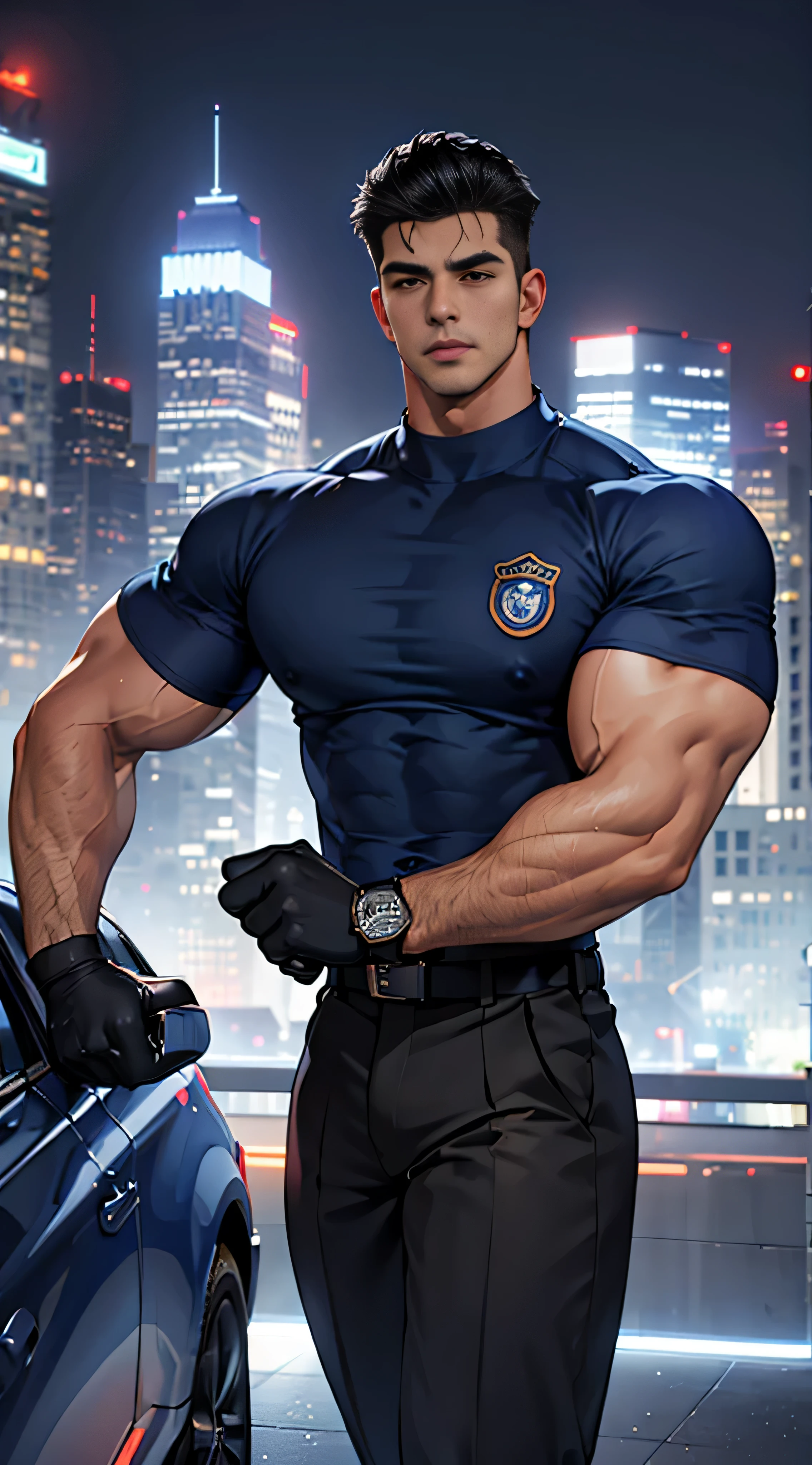 ((bestquality, Ultra-high detail, master-piece: 1.3))，Background details, lifelike, 25-year-old Korean police officer,Full body, ((bestquality, Ultra-high detail, master-piece: 1.3))，Background details, lifelike, 25-year-old Korean police officer, Black Hair, Short hair details, Big muscles, Big arm muscles, Wide shoulders, Looks handsome..., Biceps, Pectoral muscles, Fine muscular texture, (handsome face:1.1), (Run towards the camera.), (Navy blue round neck short sleeve police t-shirt..), Police Logo, Navy Cargo Pants, Wear navy gloves.., nightclub. bright city lights, exotic car. alcohol, bar, night city, Cyberpunk City, Futuristic cityscapes. neon lights, (skyscraper:1.1)