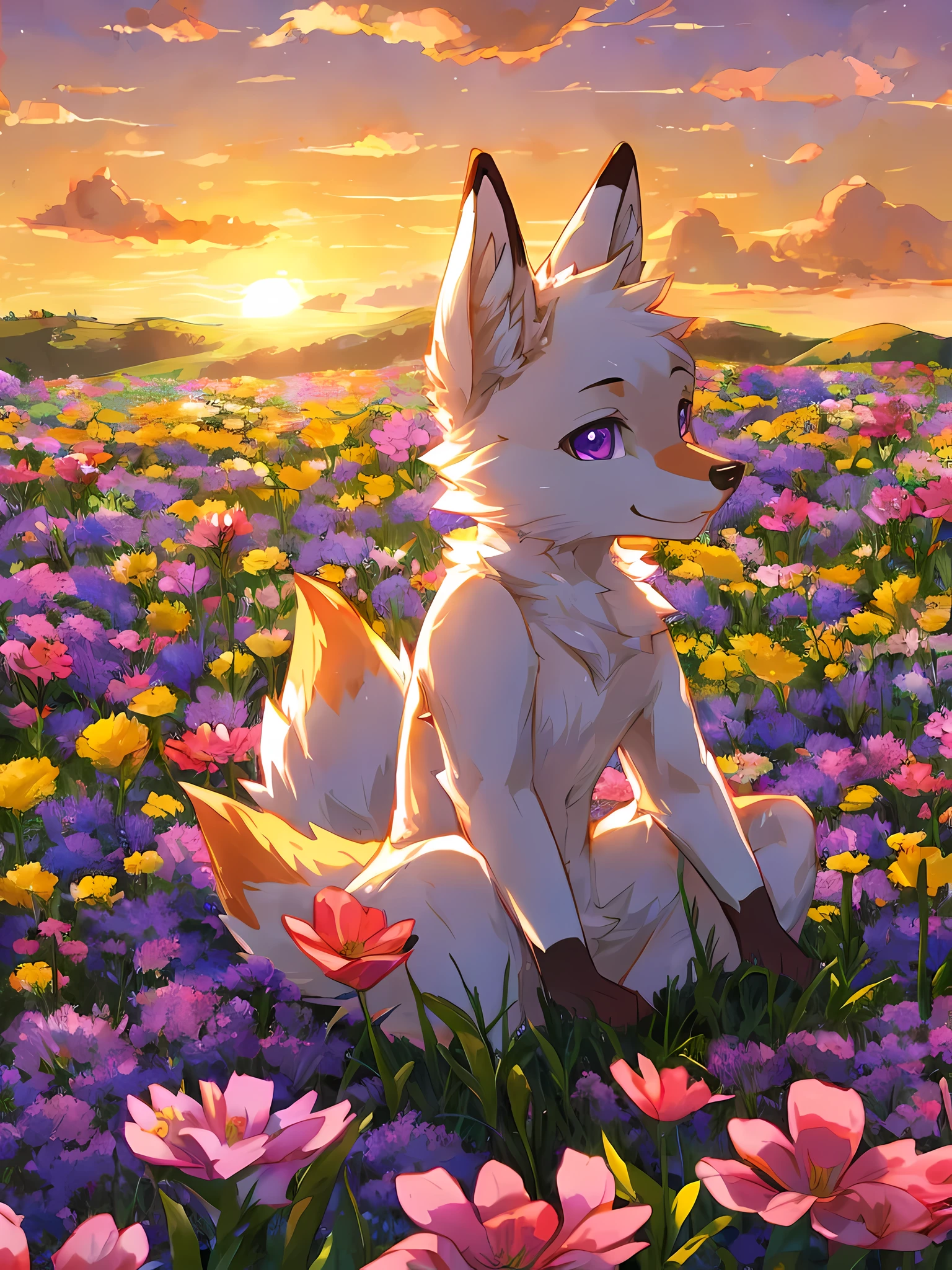 Foxes have white fur all over their bodies..,purple eyes,Sitting and picking flowers in a flower field,distant sunset