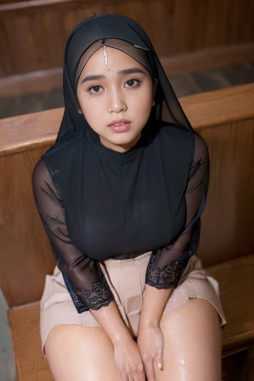 Beautiful Malay woman wearing a black Malay gamis with pastel floral patterns in hijab, watery eyes, lips watery, lip glossy, ((big breast)), highlighting her seductive silhouette, no underwear, shy, medium portrait shot, watery eyes, proportional body, (pose:Sitting on the Church pulpit, facing the camera and opening her thighs to reveal her pussy, (up skirt:1.6), (exposed Pubic hair:1), (hairy:1.1), (show pussy:0.5), (view from bellow, low angles), Onepiece, Detailed, morning, Sunrise, High resolution, ultra-quality, Super masterpiece, Colored leaves, ultra detail, ((Beside him was a man:1.6)), inside the church