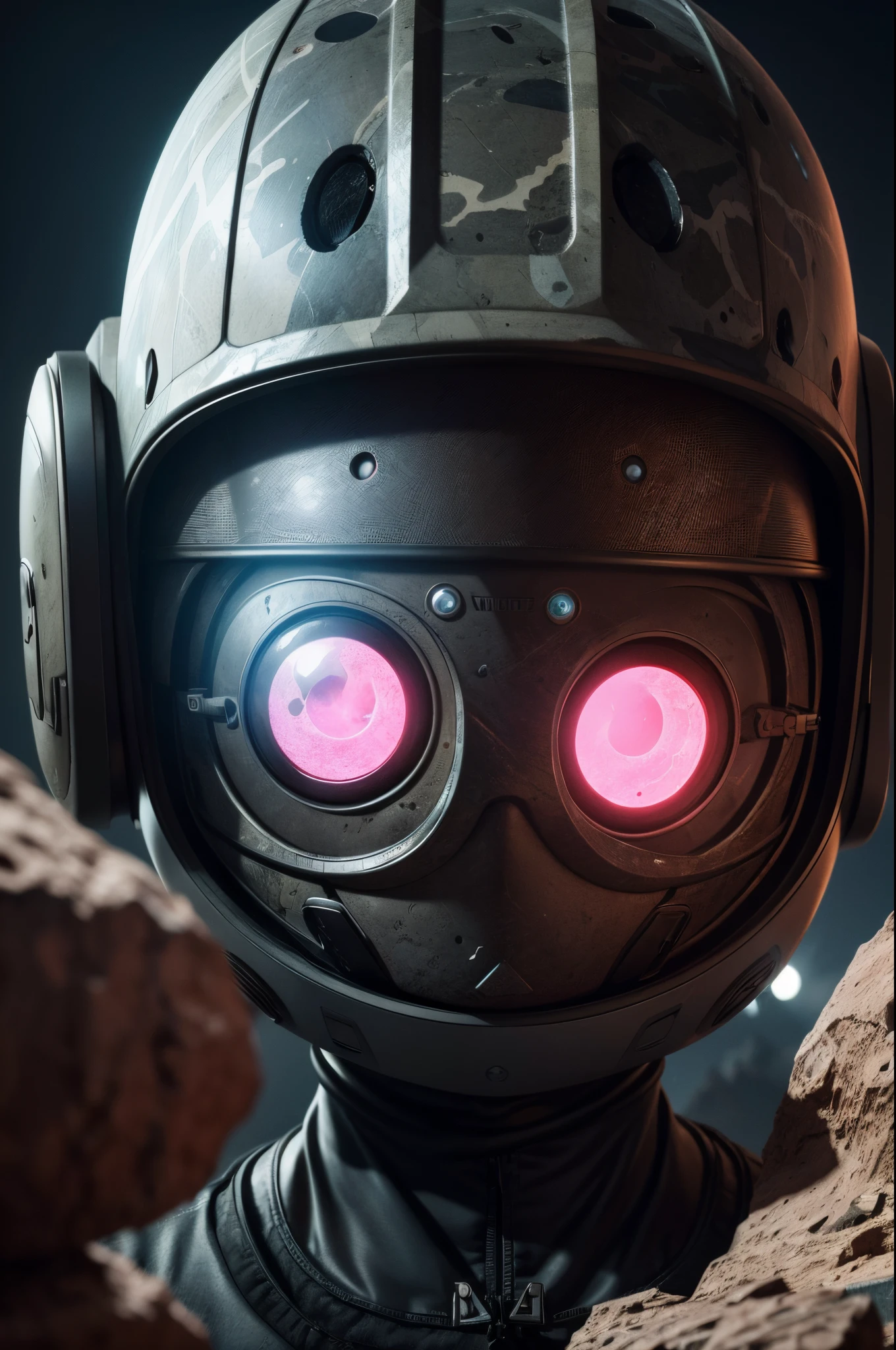 A Modern flat toon Crazy whit a Big ONE a Only Eye Robot and helmet Style, tongs in hands, Tv head, pinhead, camouflage PINK Rusty, Ambient in a meteorite crater super detailed, center, beautiful, soft lighting, focused on the character, 4K resolution, photorealistic rendering,