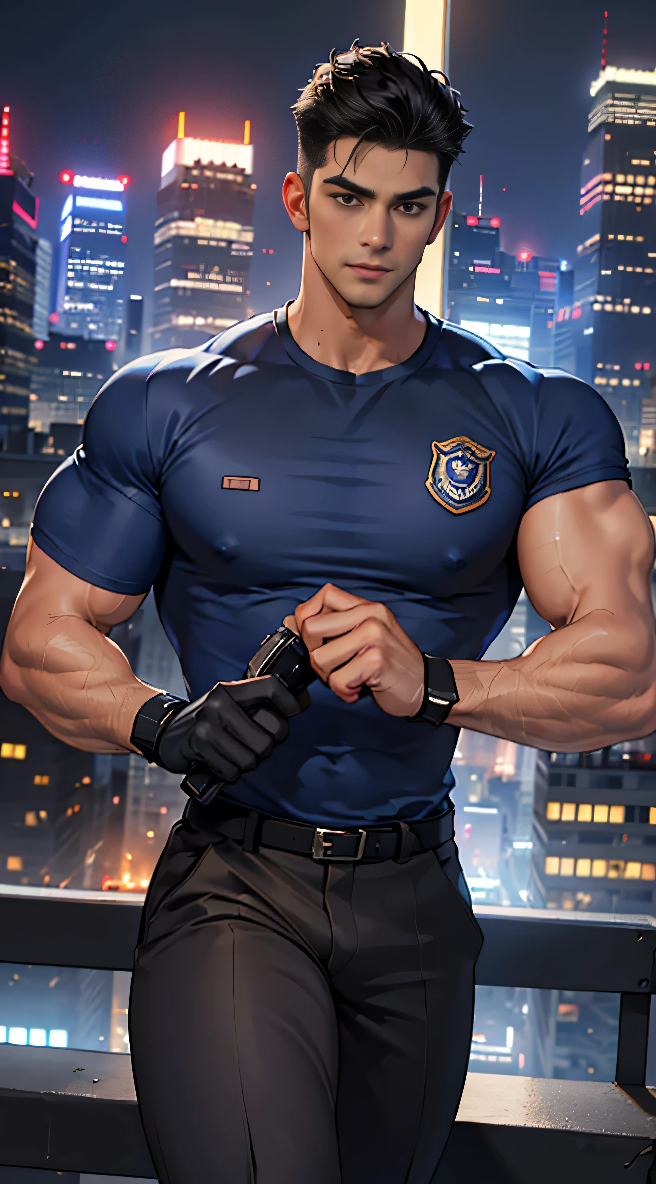 ((bestquality, Ultra-high detail, master-piece: 1.3))，Background details, lifelike, 25-year-old Korean police officer,Full body, ((bestquality, Ultra-high detail, master-piece: 1.3))，Background details, lifelike, 25-year-old Korean police officer, Black Hair, Short hair details, Big muscles, Big arm muscles, Wide shoulders, Looks handsome...., Biceps, Pectoral muscles, Fine muscular texture, (handsome face:1.1), (Run towards the camera..), (Navy blue round neck short sleeve police t-shirt...), Police Logo, Navy Cargo Pants, Wear navy gloves..., nightclub. bright city lights, exotic car. alcohol, bar, night city, Cyberpunk City, Futuristic cityscapes. neon lights, (skyscraper:1.1)