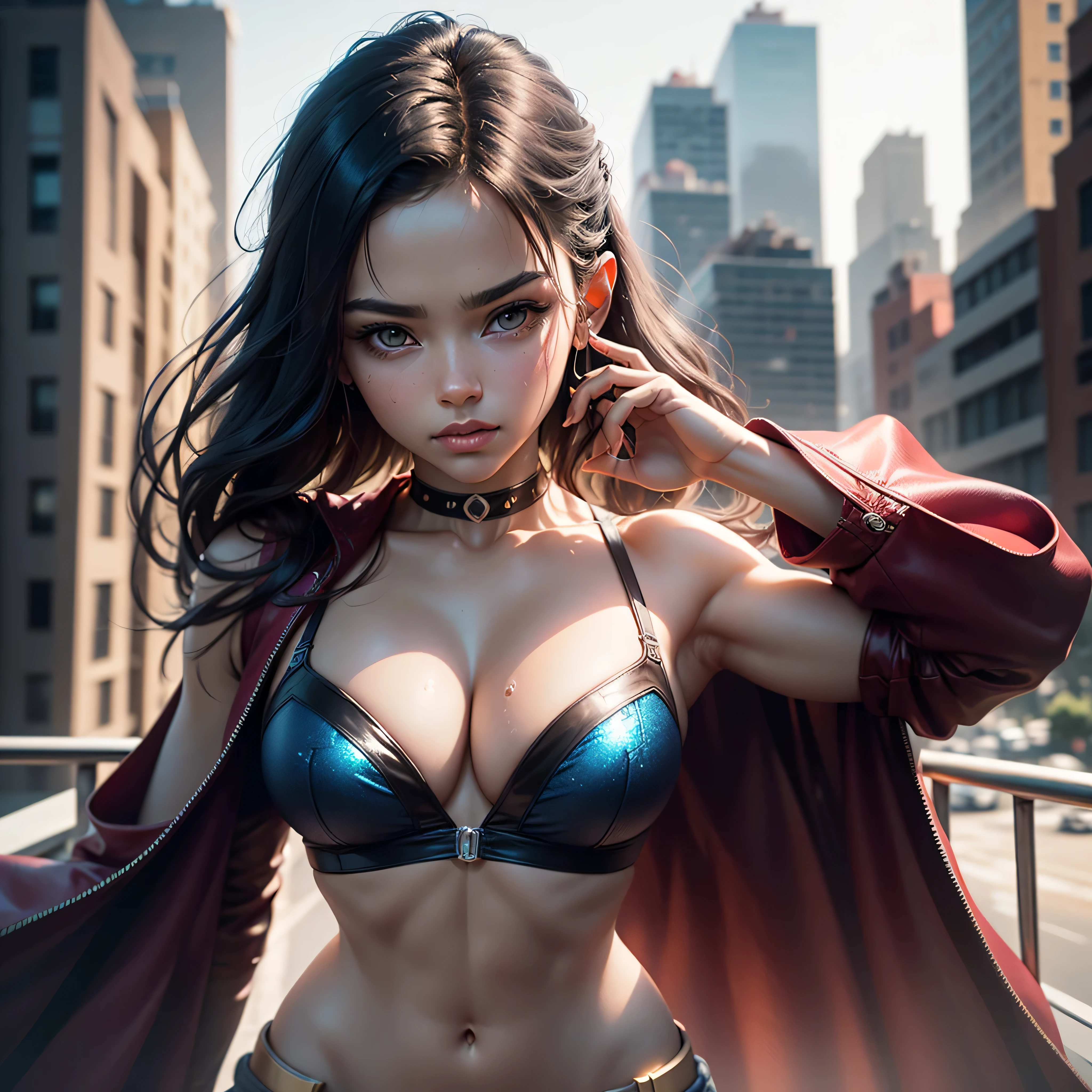Anime style, (superman girl), insanely beautiful Alina Gorokhova portrait photo, 21 years old, full body, top angle, body curves, navel, miniskirt, smooth creamy skin, beautiful maroon eyes, Beautiful facial details, ((Manhattan background) )), low angle medium shot, greedy and attractive, amazingly euphoric gorgeous, vivid emotion, peach fluff, symmetrical circular iris, natural Glitter makeup, detailed moisture, detailed droplets, detailed intricate hair strands, DSLR, reflected in raytraced, Pino Deni, Larry's Bud Melmann, symmetrical face and body, CGsociety, Gottfried Hernwein and Irakli Nadal, eye reflections, focus, Unreal Engine 5, VFX, film photography, extreme detail, Ultra HD, post-processing, post-production, single face, Tanvir Tamim, ultra-realistic photography, Shot with Hasselblad X1D-50c, ISO 100