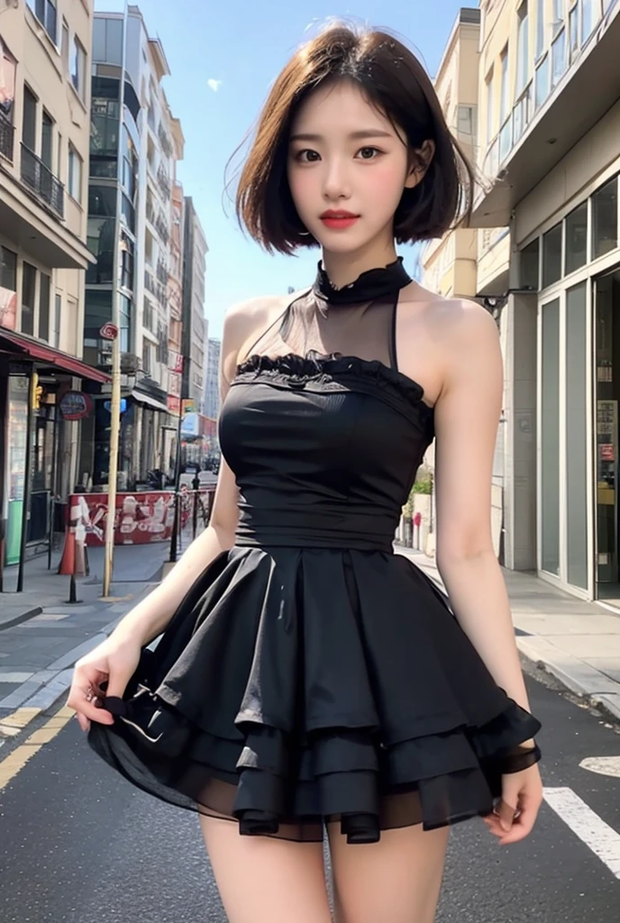 Black dress posing for photo, beautiful asian girl, Korean girl, cute thin face of girl, young woman, short hair, sakimichan, ((best quality, 8k, masterpiece: 1.3)), focus: 1.2, perfect body beauty: 1.4, buttocks: 1.2, ((layered haircut, beautiful breasts: 1.2)), (wet clothes: 1.1) , (Rain, Street:1.3), bandeau dress: 1.1, Highly detailed face and skin texture, Delicate eyes, double eyelids, whitened skin, long hair, (shut up: 1.3), after rain, (sky rainbow: 1.1), (black dress: 1.2), gorgeous streets