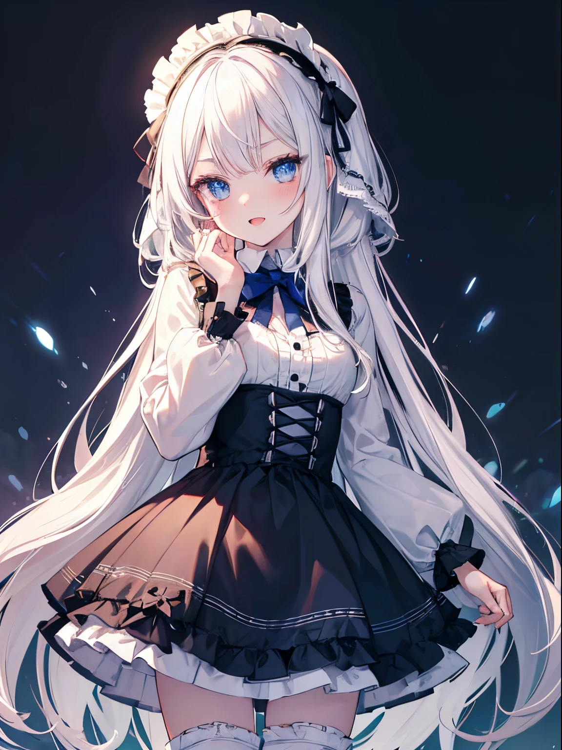 masutepiece, Highest Quality, (Perfect face:1.1), (high detailing:1.1), (ultradetailed eyes), Dramatic, superfine illustration, Extremely detailed, 1girl in, (pale skin), long white hair, Ethereal eyes, Blue eyes,tareme, (light eyebrow),blush,Solo,Smile, Happy, Laugh, Enjoy, Open mouth, Pouty lips,Cinematic lighting, Looking at Viewer, Cowboy Shot,(Have a gun),Long sleeve, Gothic lolita, frilld, bow ribbon,Head dress, knee high socks ground