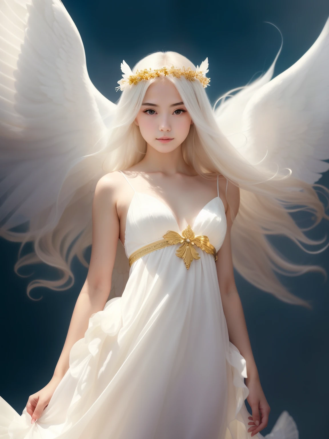 There is a woman in a white dress with white hair and gold details。, Beautiful Angel, of Beautiful Angel, of an beautiful angelicalesの女の子, 美しい女性のangelicales, portrait of a Beautiful Angel, full - body majestic angel, Ser angelicalesal resplandeciente, 背の高い女性のangelicales, 光の空気のようなangelicalesの存在, angelicales, beautiful angelicalesの女の子 portrait, angelicalesの女の子, a stunning young ethereal figure