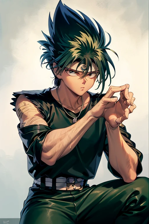 Highly detailed, (masterpiece), best quality, expressive eyes, perfect face, 1man, Long messy spiky wavy green raising hair, Hiei Green hair, green eyes, Bulky Body Builder Masculine body, Green leather Jacket & Jeans