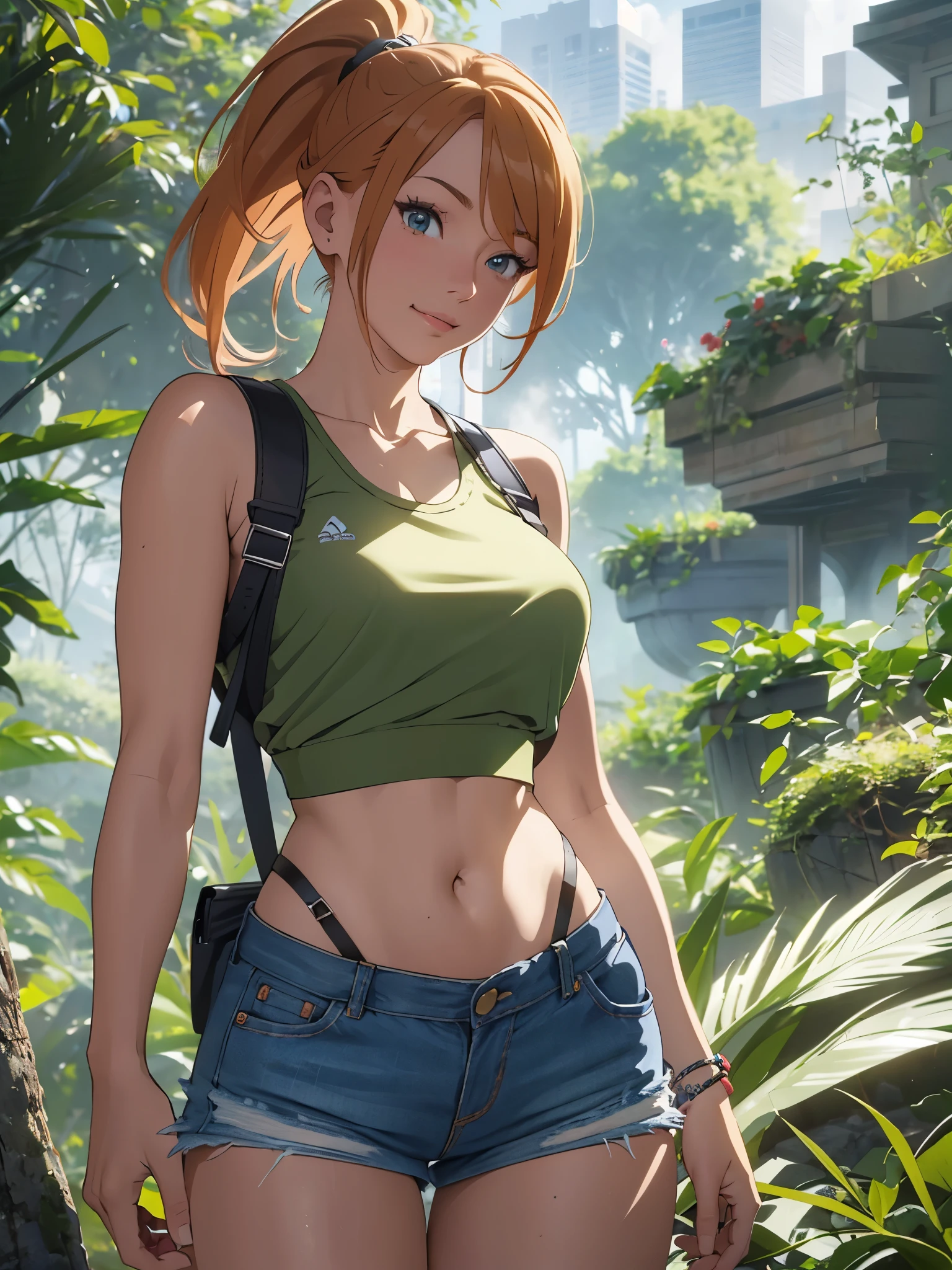 1girl, Misty from Pokémon, standing outdoors with a confident smile. Orange hair styled in a side ponytail, wearing denim shorts with suspenders, yellow crop top that shows off her midriff and navel. Yellow tank top. Cowboy shot posture exudes confidence and strength.

Misty is accompanied by a cute Dragon.

Overall, the image is a masterpiece, with high-quality details and a realistic rendering of Misty, her outfit, and her companion dragon. The colors are vivid and eye-catching, and the image is high-resolution, capturing every nuance of Misty's confident and adventurous spirit.