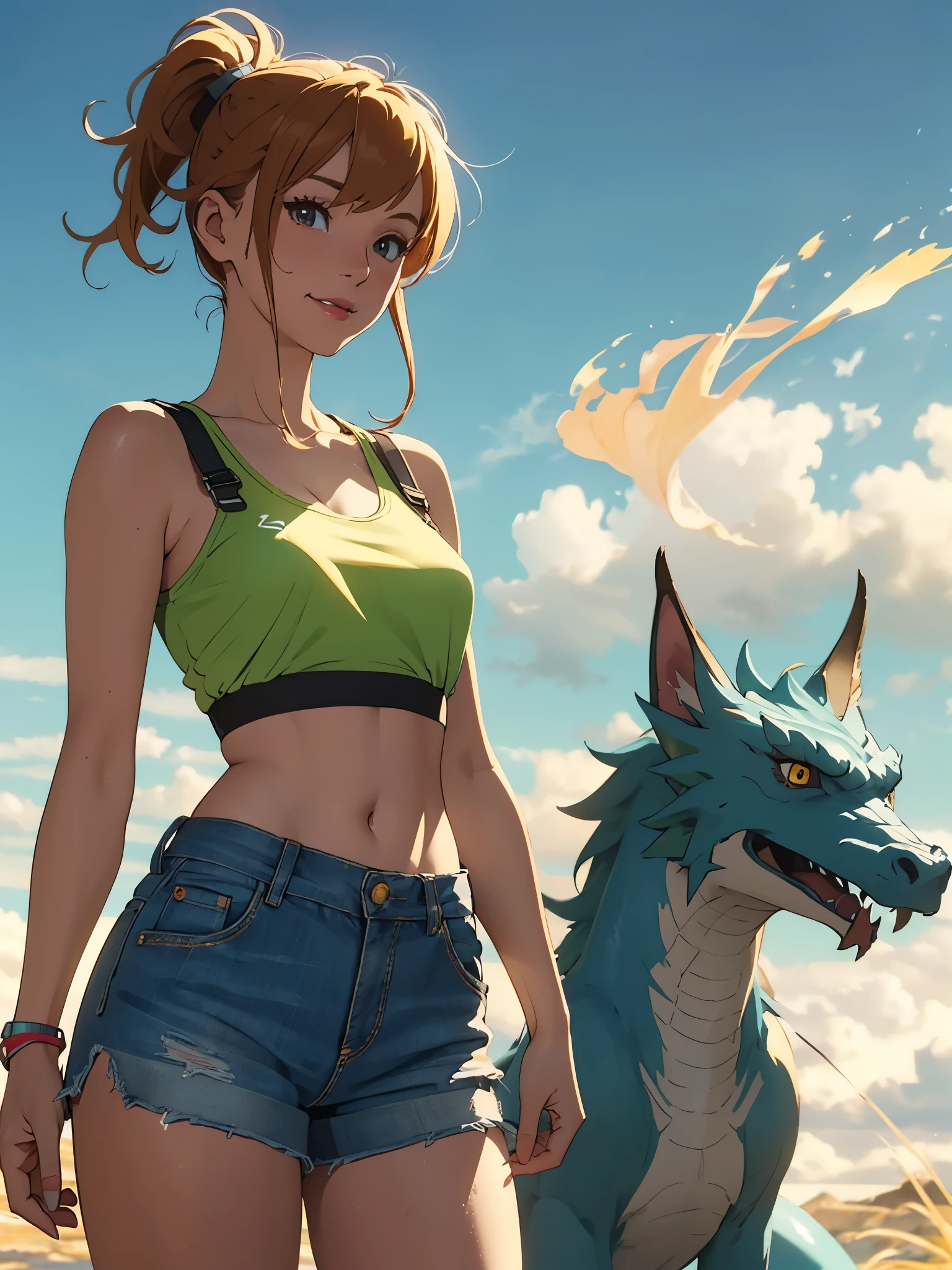 1girl, Misty from Pokémon, standing outdoors with a confident smile. Orange hair styled in a side ponytail, wearing denim shorts with suspenders, yellow crop top that shows off her midriff and navel. Yellow tank top. Cowboy shot posture exudes confidence and strength.

Misty is accompanied by a cute Dragon.

Overall, the image is a masterpiece, with high-quality details and a realistic rendering of Misty, her outfit, and her companion dragon. The colors are vivid and eye-catching, and the image is high-resolution, capturing every nuance of Misty's confident and adventurous spirit.